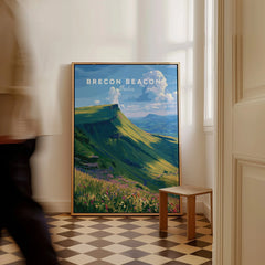 Brecon Beacons Wales Mountains Travel Poster — framed canvas on floor man walking past