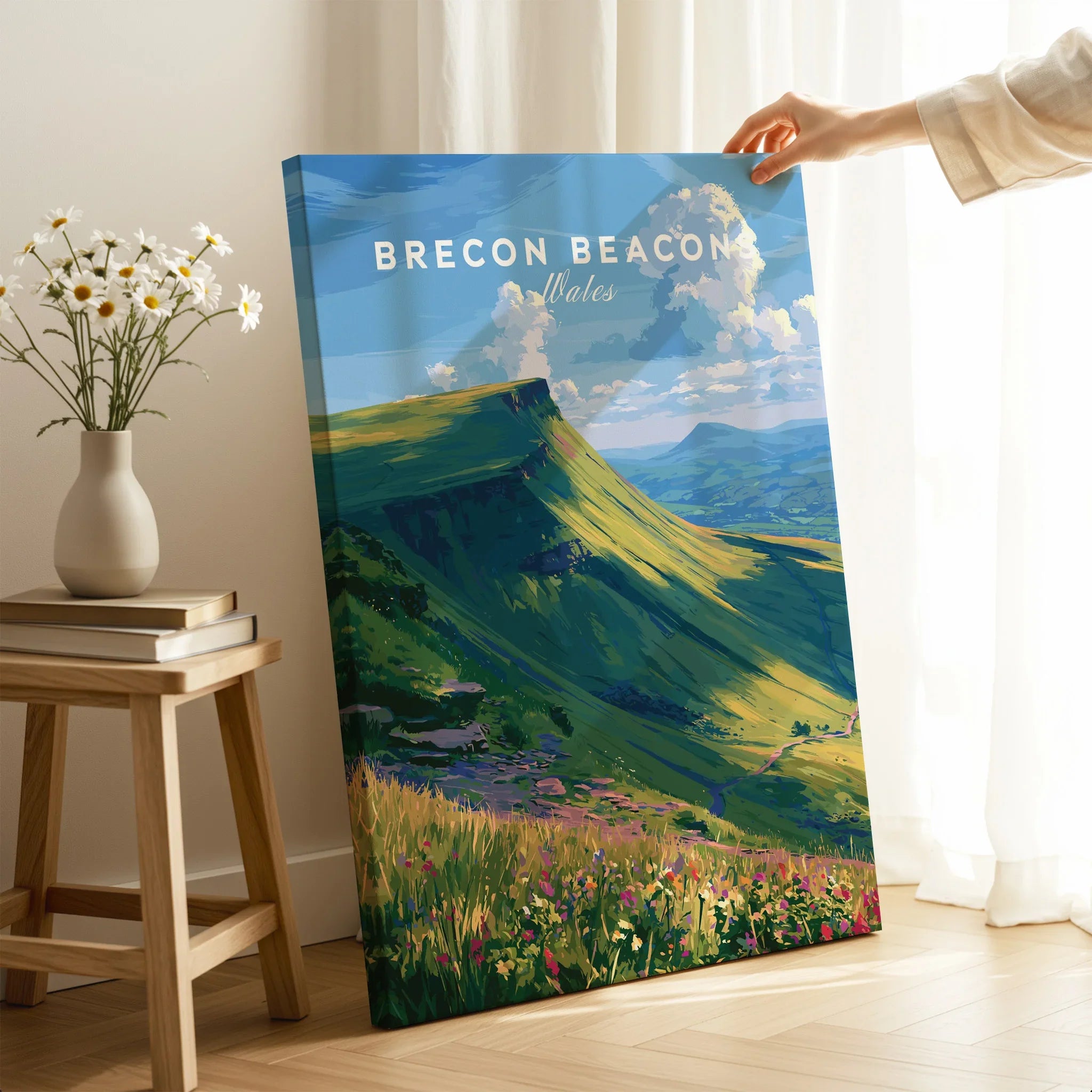Brecon Beacons Wales Mountains Travel Poster — canvas print mirror edge hand holding room setting