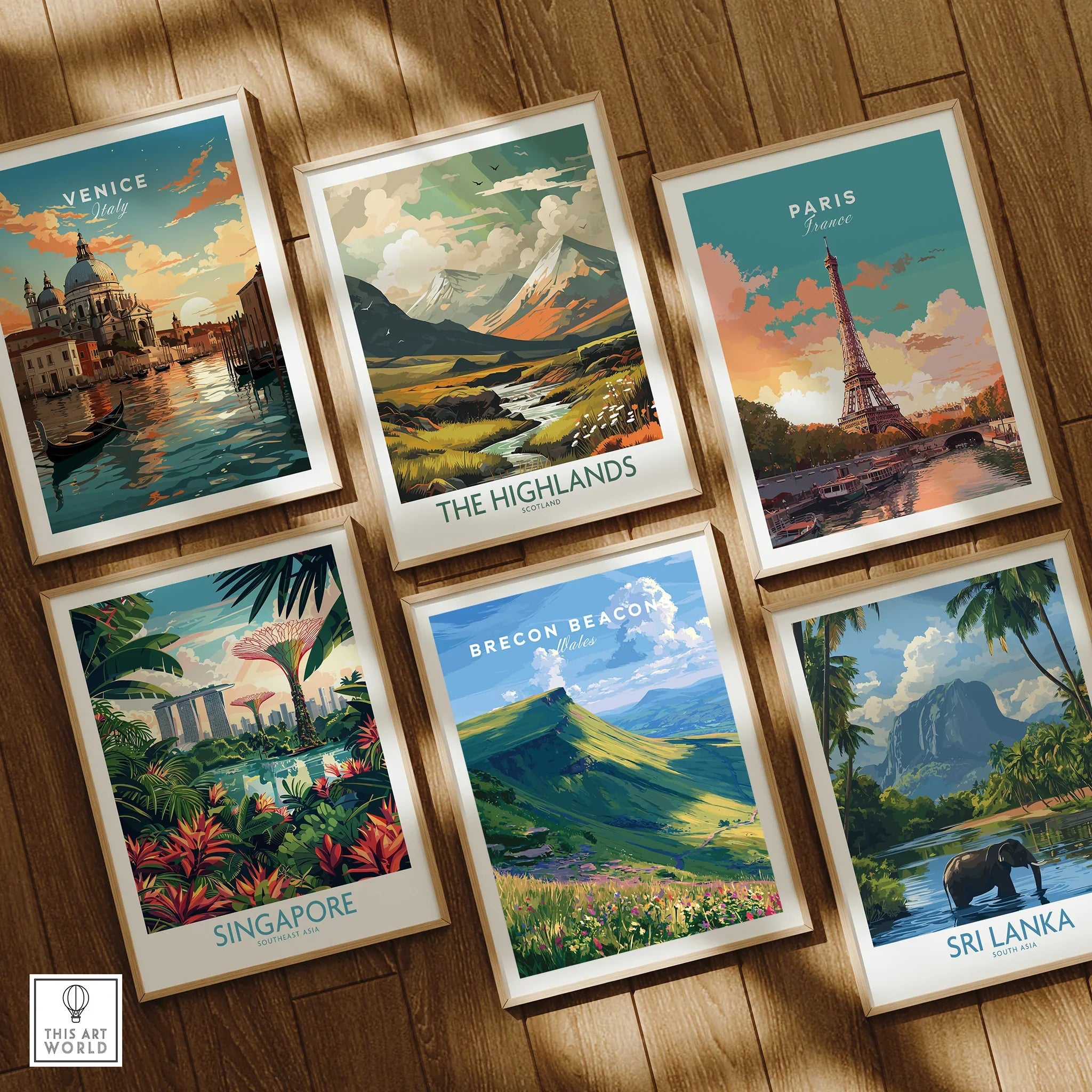 Brecon Beacons Wales Mountains Travel Poster — set six framed art prints wooden floor natural wood frames