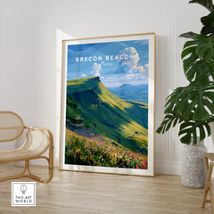 Brecon Beacons Wales Mountains Travel Poster — large framed print room setting chair plant