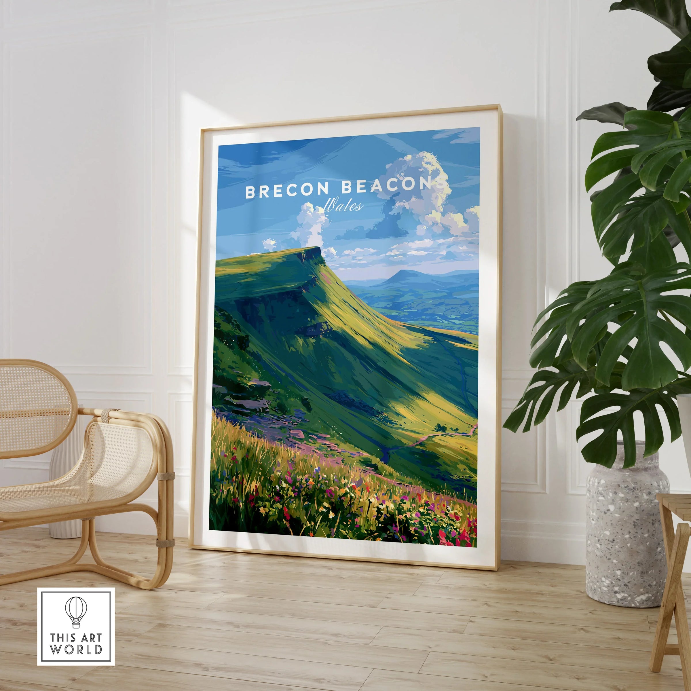 Brecon Beacons Wales Mountains Travel Poster — large framed print room setting chair plant