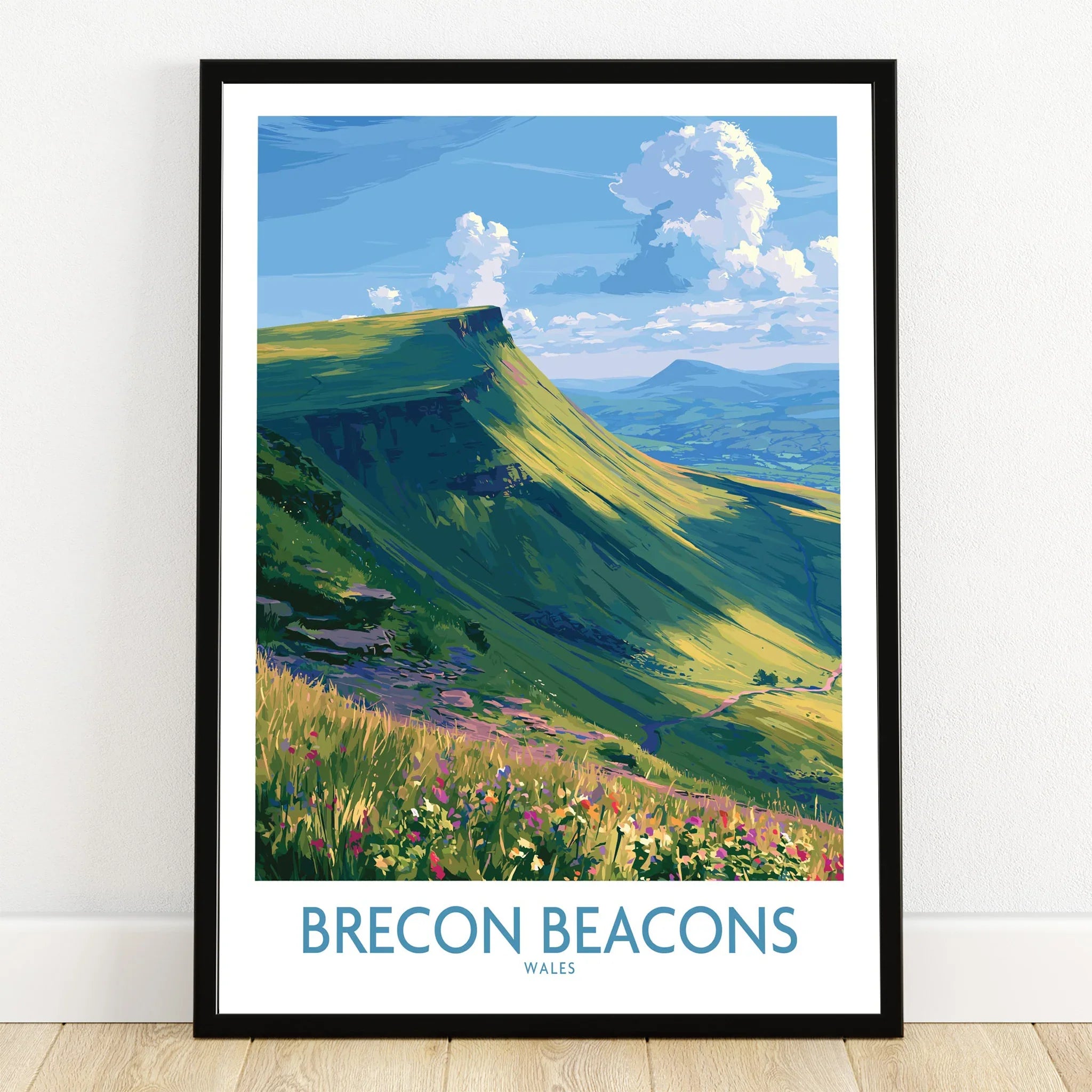 Brecon Beacons Wales Mountains Wall Art — art print in black frame on wooden floor