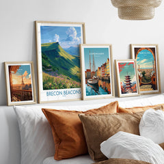 Brecon Beacons Wales Mountains Wall Art — set five framed artprints above bed natural wood frames