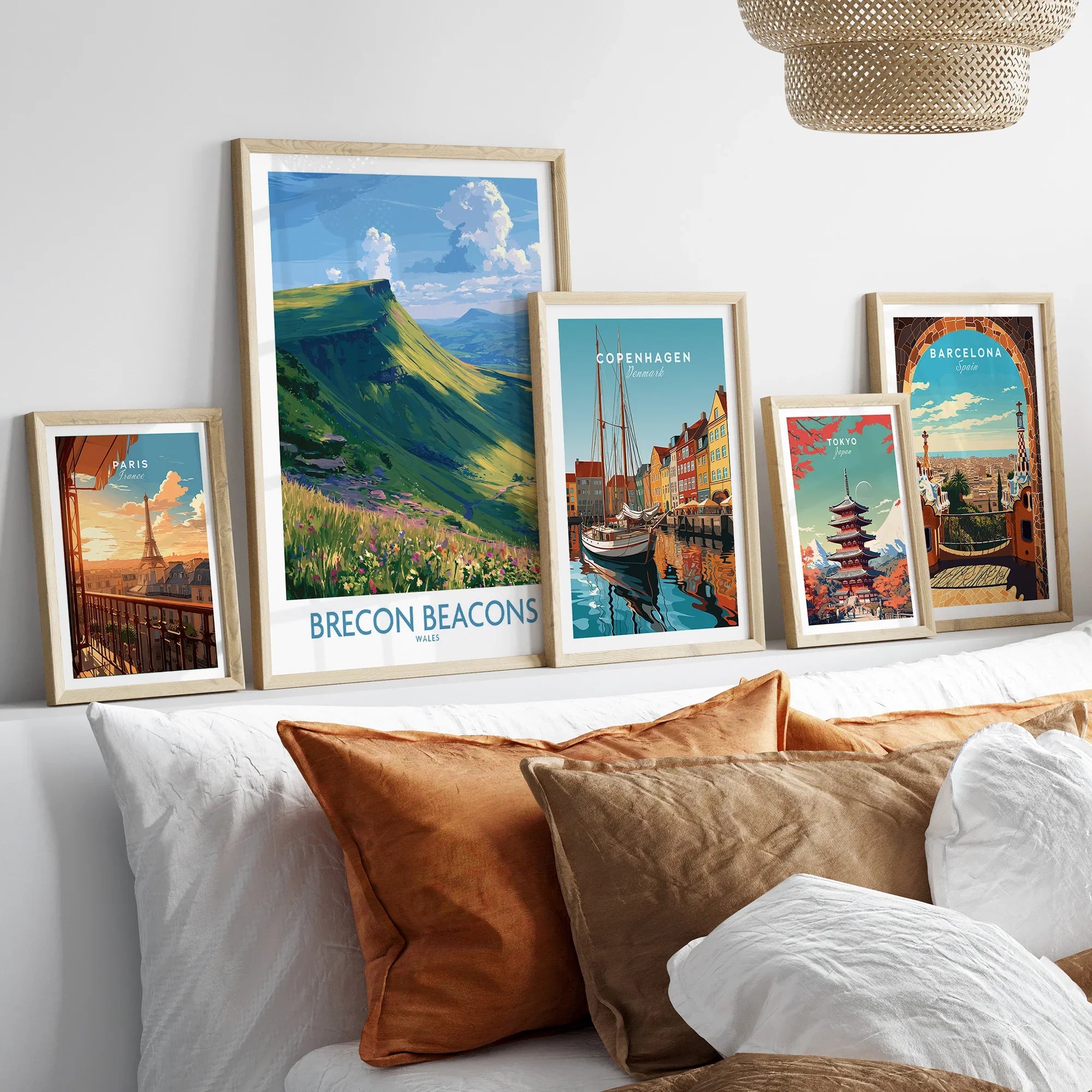 Brecon Beacons Wales Mountains Wall Art — set five framed artprints above bed natural wood frames