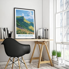 Brecon Beacons Wales Mountains Wall Art — framed poster black frame on office desk modern