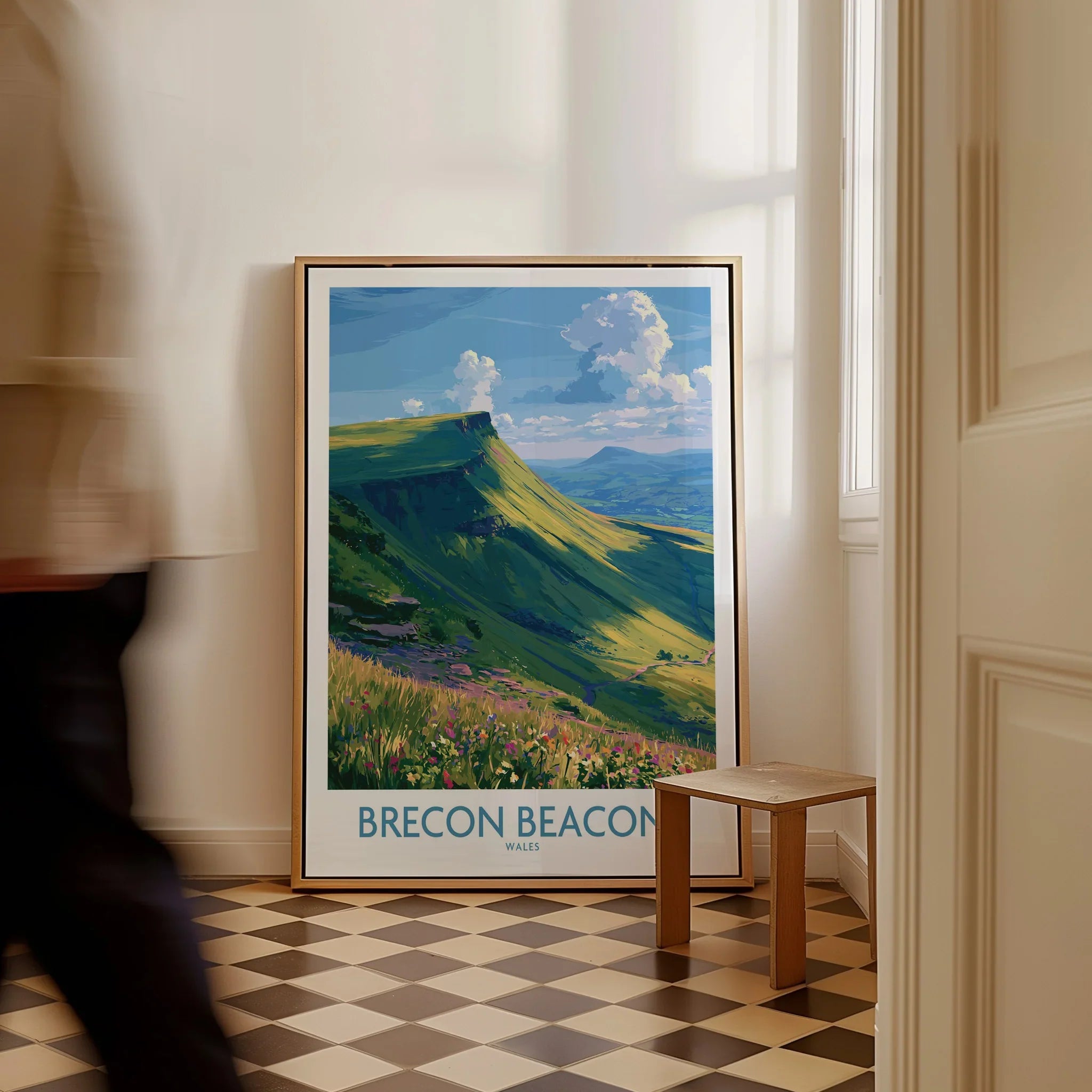 Brecon Beacons Wales Mountains Wall Art — framed canvas on floor man walking past