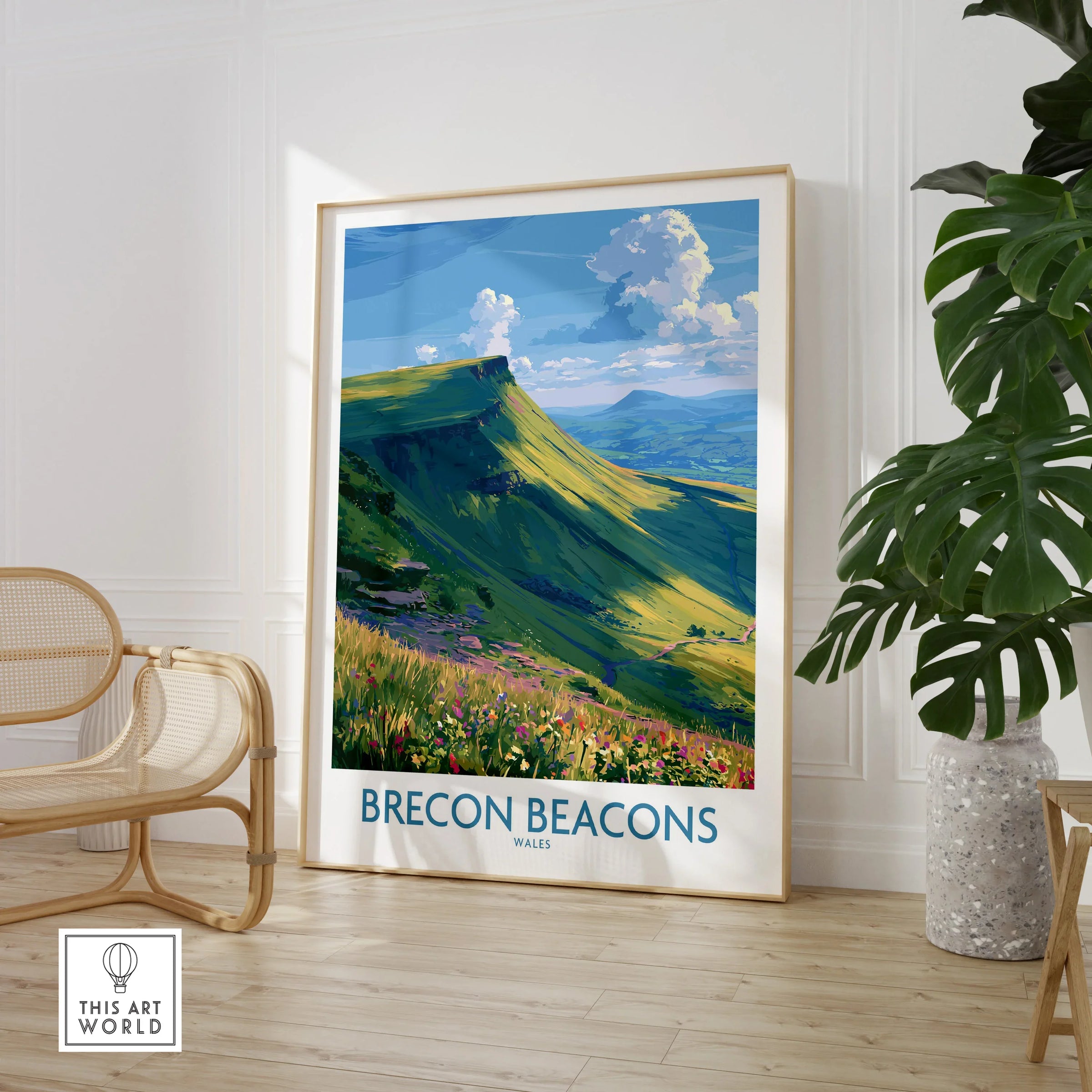 Brecon Beacons Wales Mountains Wall Art — large framed print room setting chair plant
