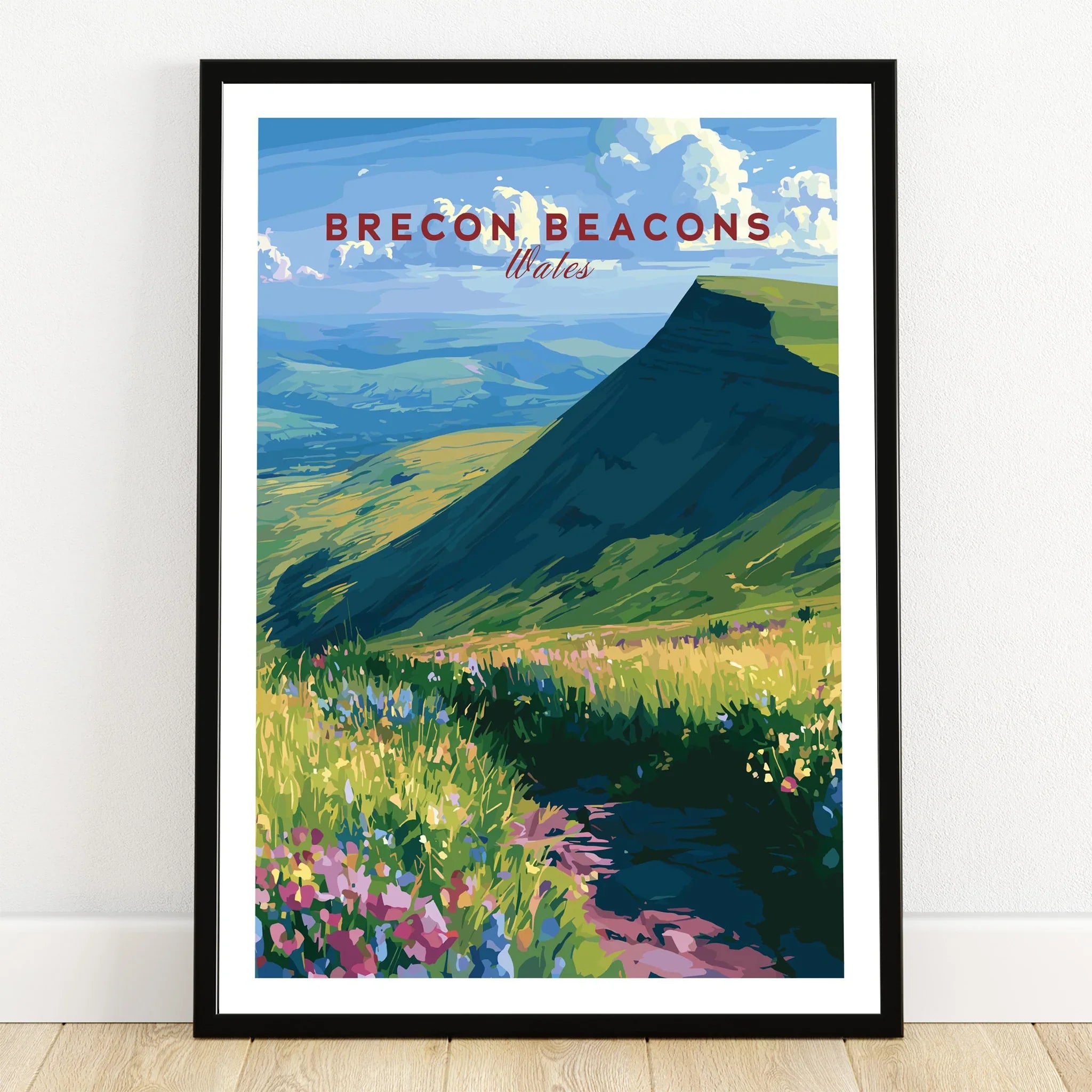 Brecon Beacons Wales Wildflowers Travel Poster — art print in black frame on wooden floor