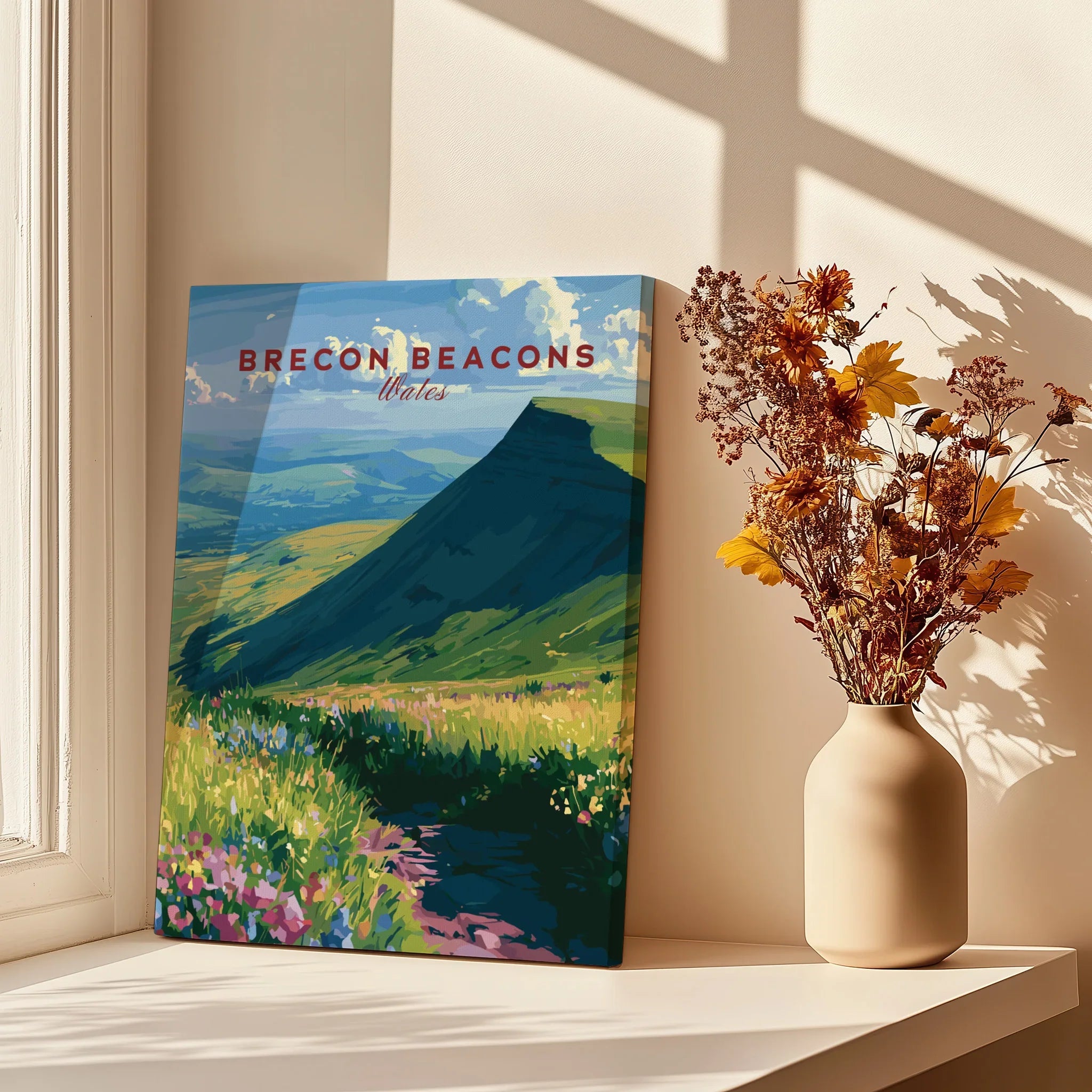 Brecon Beacons Wales Wildflowers Travel Poster — canvas print window setting with shadows flowers