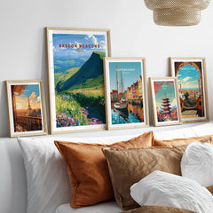 Brecon Beacons Wales Wildflowers Travel Poster — set five framed artprints above bed natural wood frames