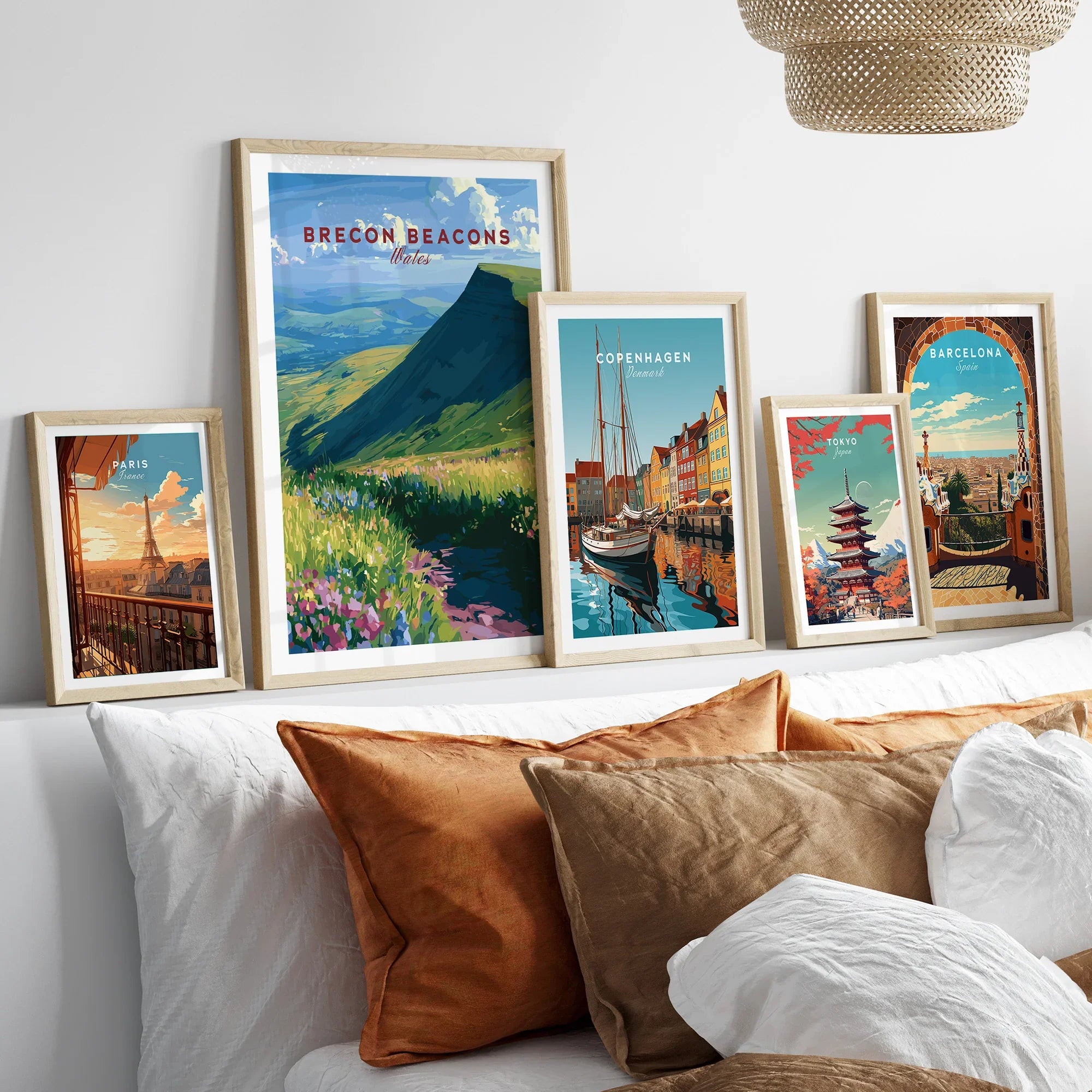 Brecon Beacons Wales Wildflowers Travel Poster — set five framed artprints above bed natural wood frames