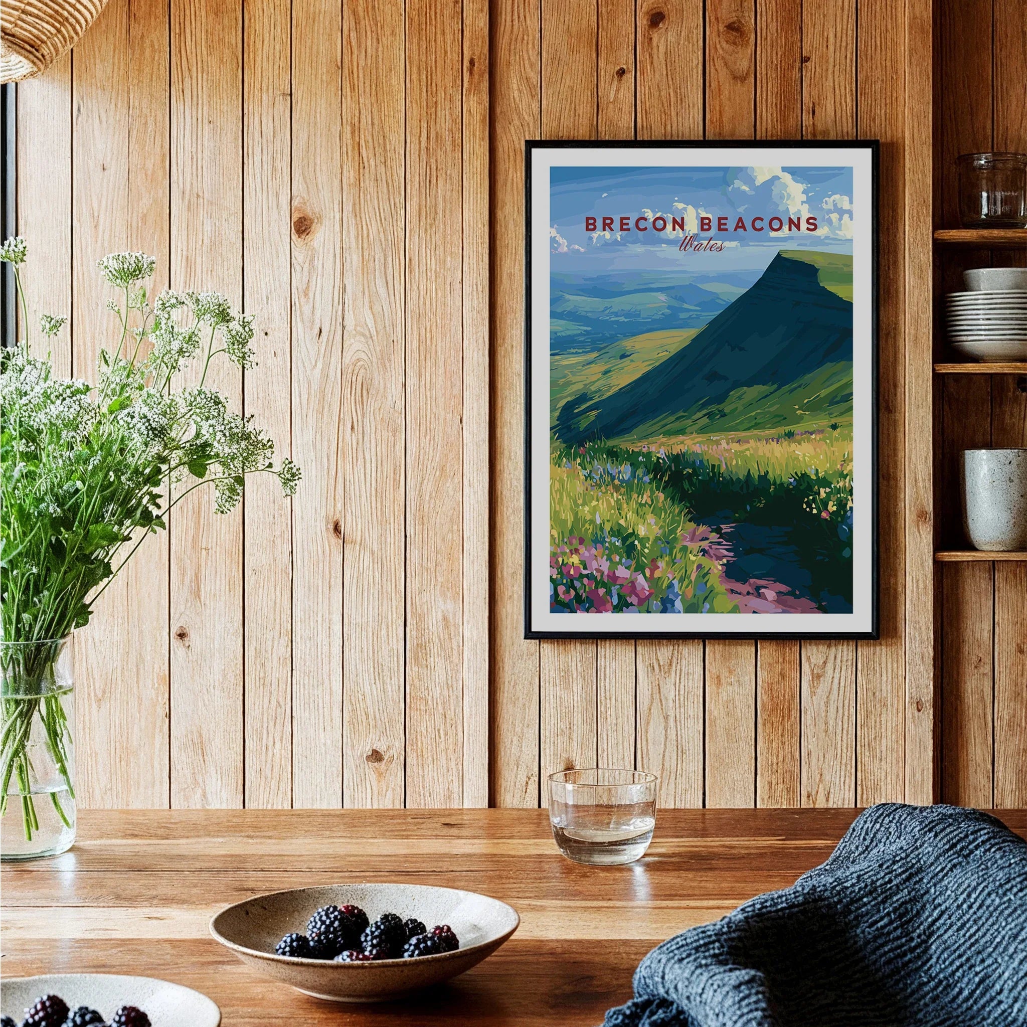 Brecon Beacons Wales Wildflowers Travel Poster — black framed art print kitchen setting