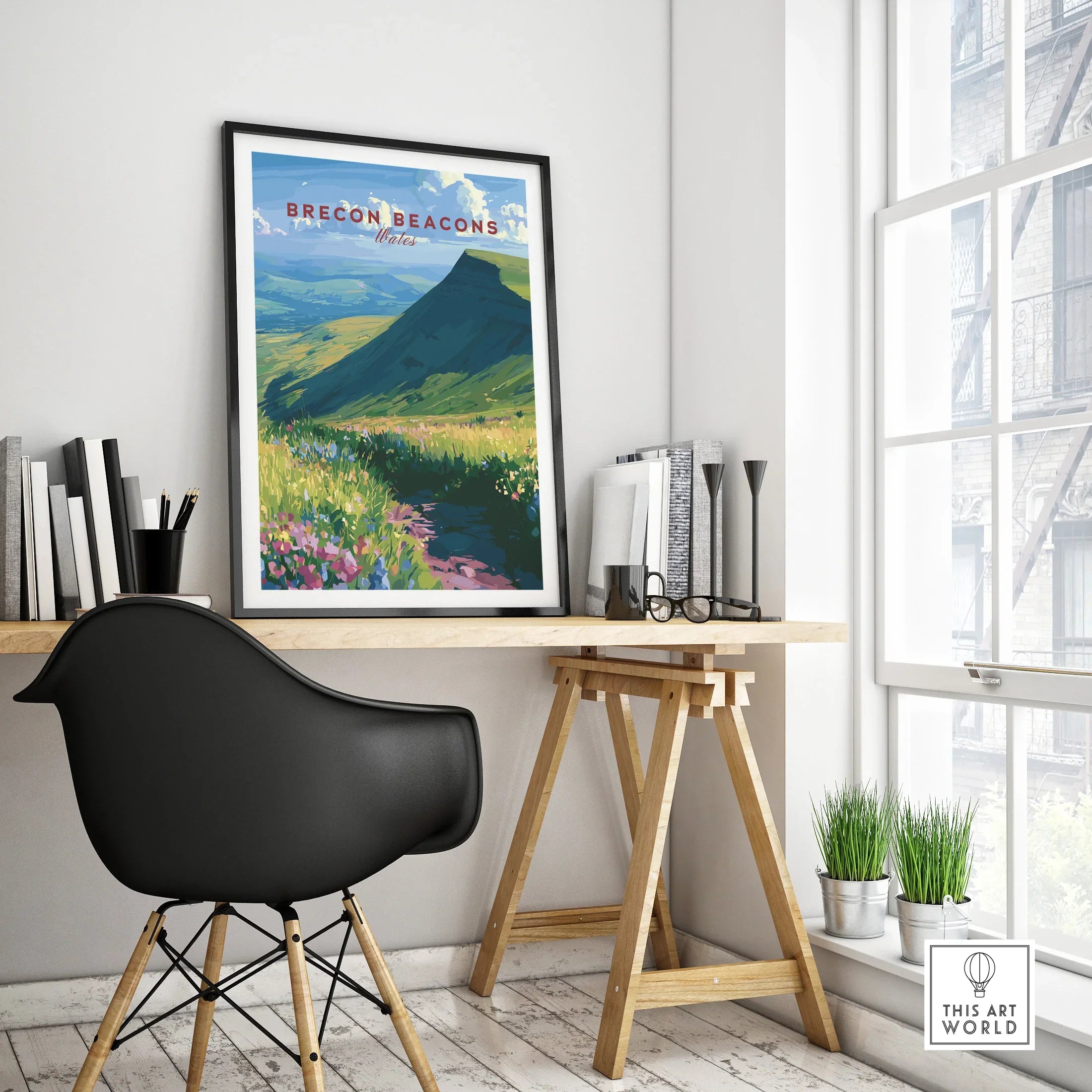 Brecon Beacons Wales Wildflowers Travel Poster — framed poster black frame on office desk modern
