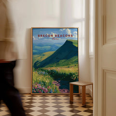 Brecon Beacons Wales Wildflowers Travel Poster — framed canvas on floor man walking past