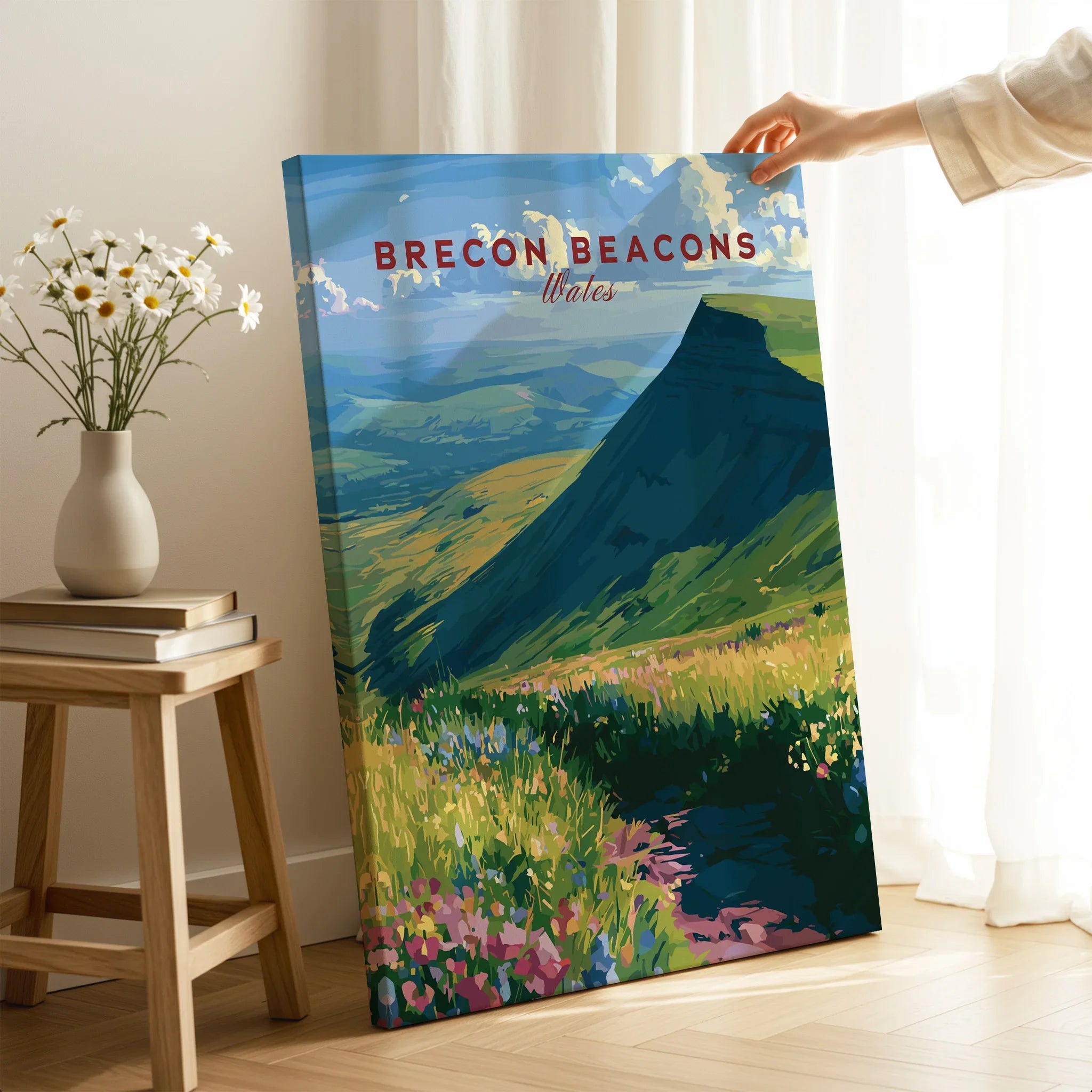 Brecon Beacons Wales Wildflowers Travel Poster — canvas print mirror edge hand holding room setting