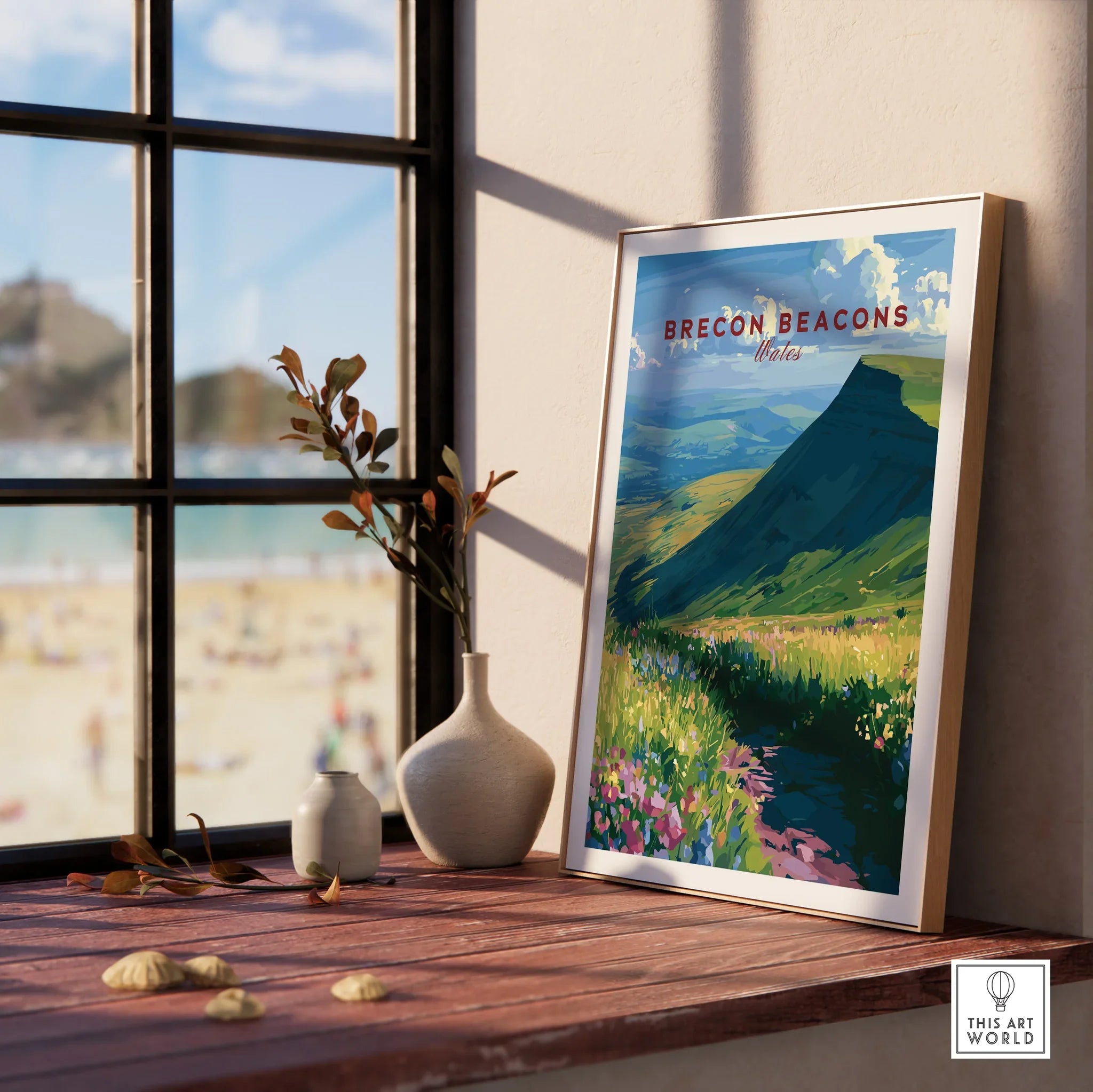 Brecon Beacons Wales Wildflowers Travel Poster — framed print window view natural wood frame