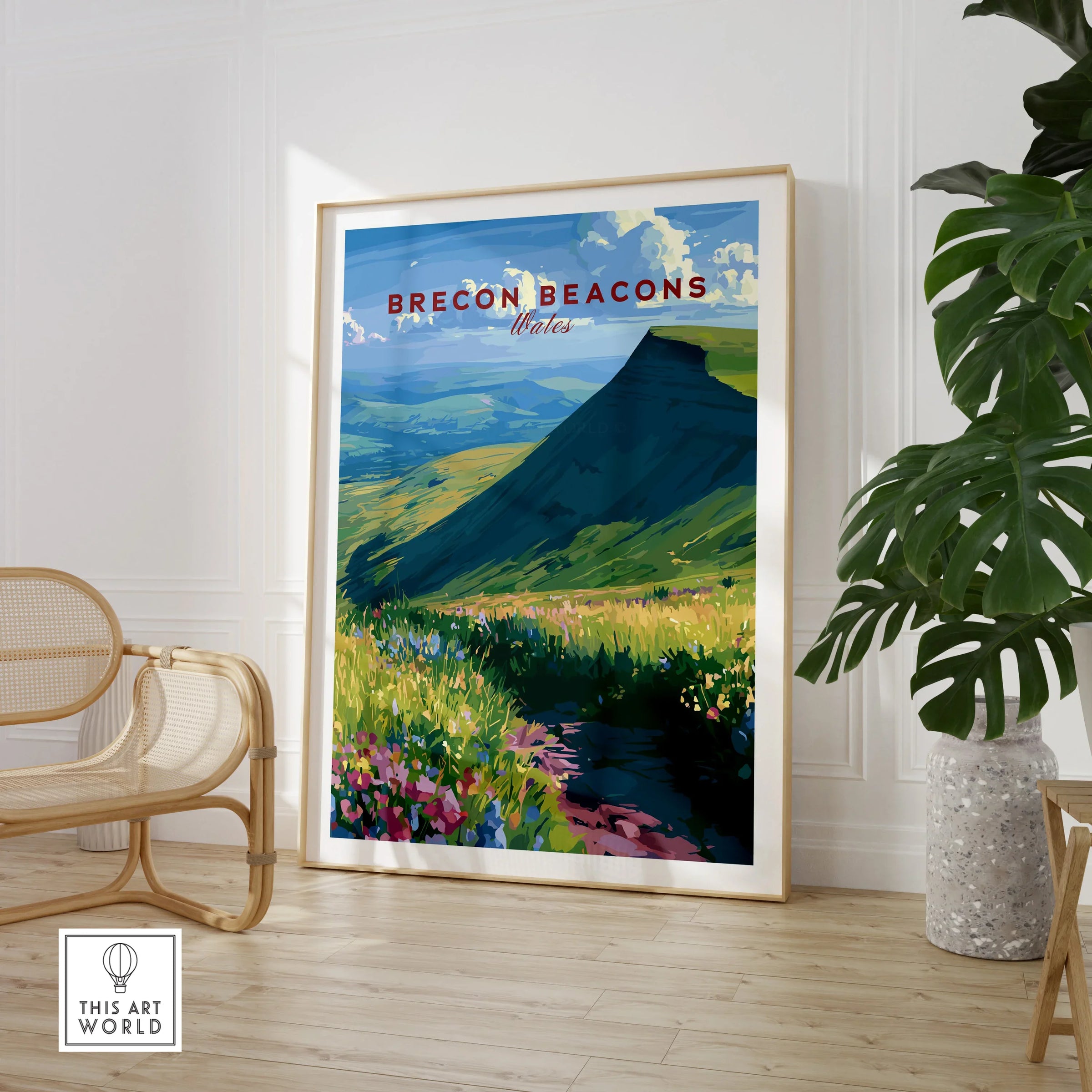 Brecon Beacons Wales Wildflowers Travel Poster — large framed print room setting chair plant