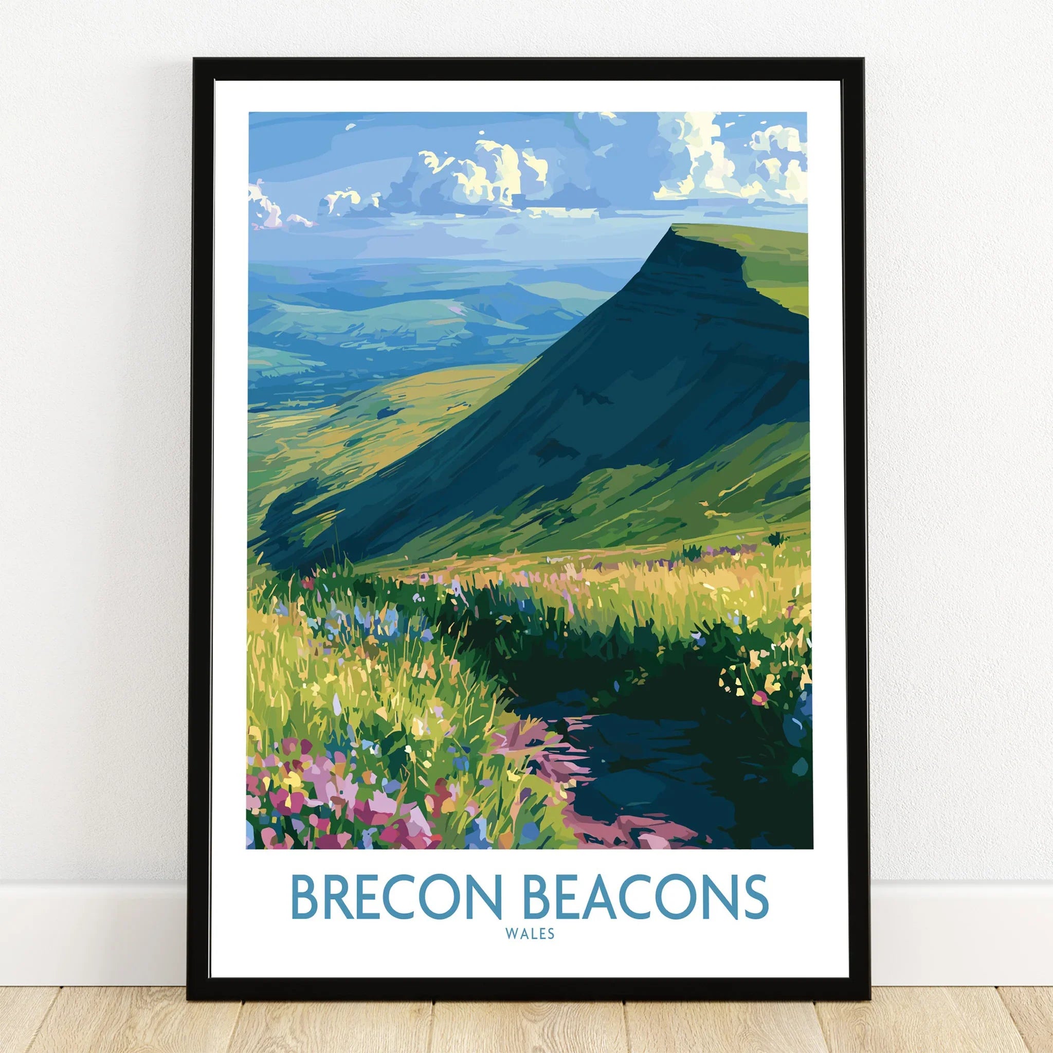 Brecon Beacons Wales Wildflowers Wall Art — art print in black frame on wooden floor
