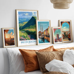 Brecon Beacons Wales Wildflowers Wall Art — set five framed artprints above bed natural wood frames