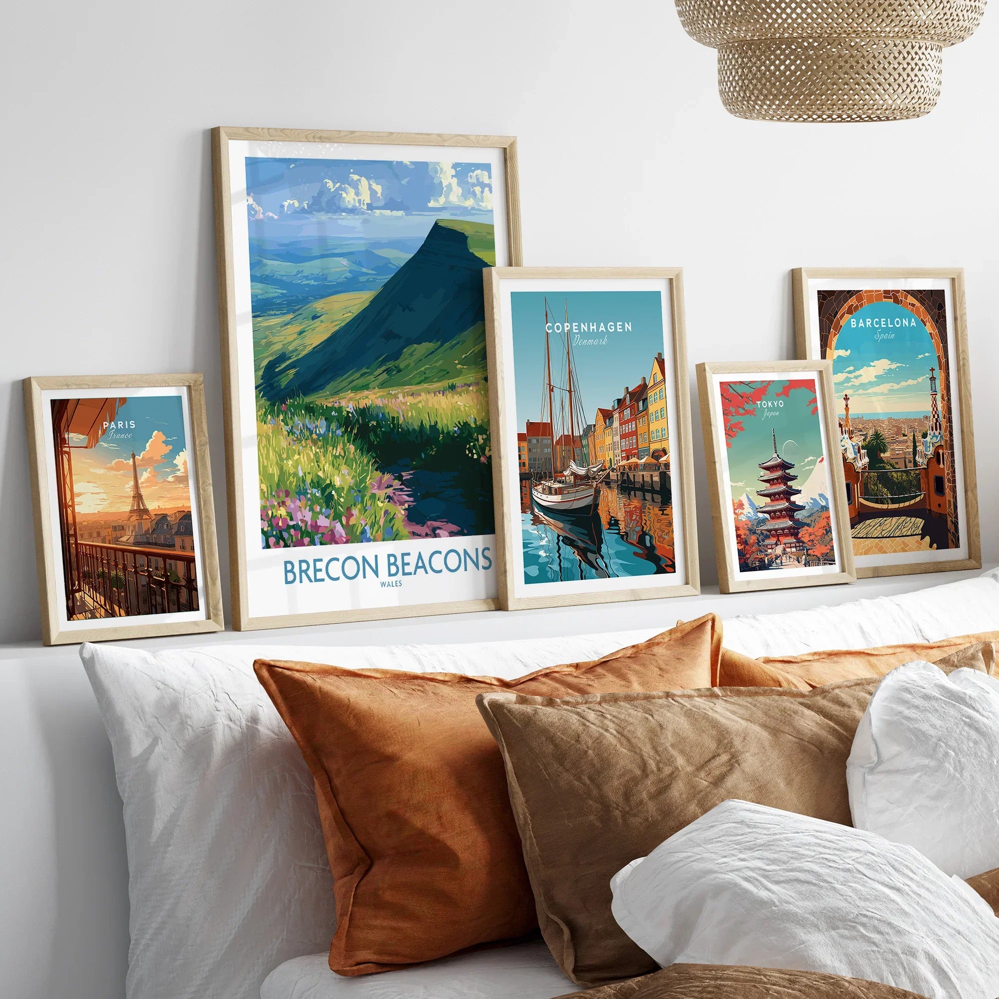 Brecon Beacons Wales Wildflowers Wall Art — set five framed artprints above bed natural wood frames