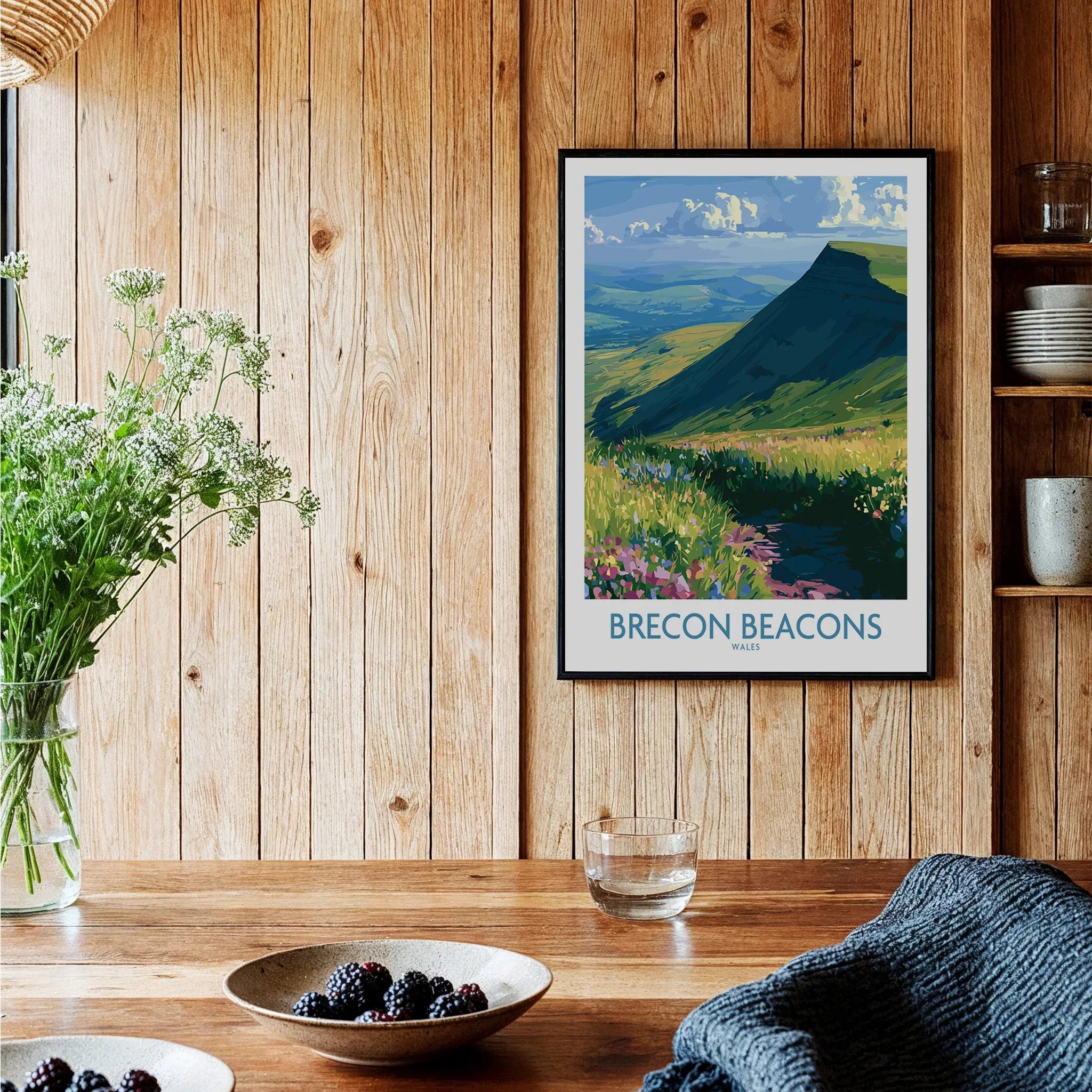 Brecon Beacons Wales Wildflowers Wall Art — black framed art print kitchen setting