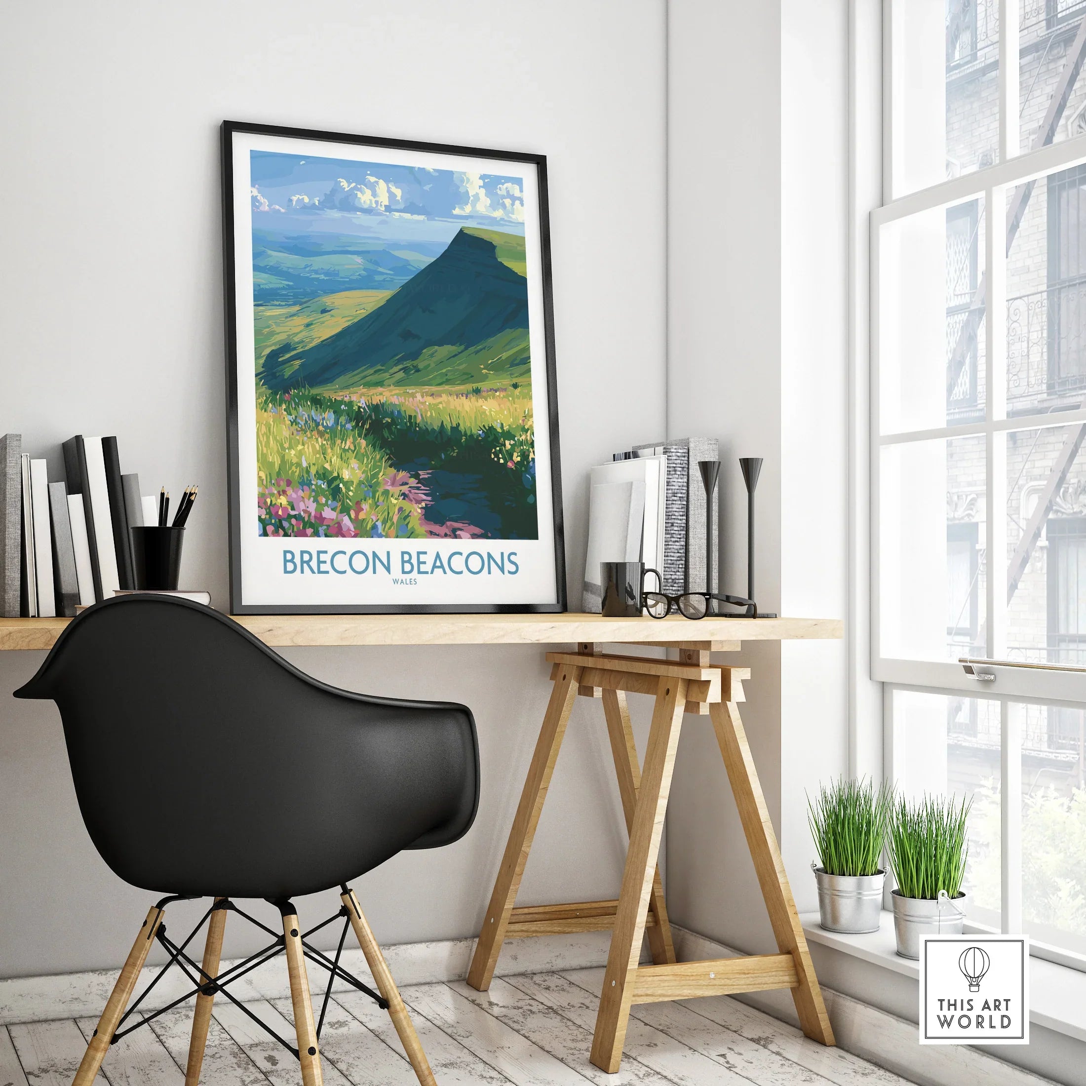 Brecon Beacons Wales Wildflowers Wall Art — framed poster black frame on office desk modern