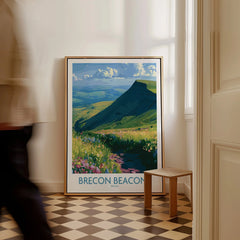Brecon Beacons Wales Wildflowers Wall Art — framed canvas on floor man walking past