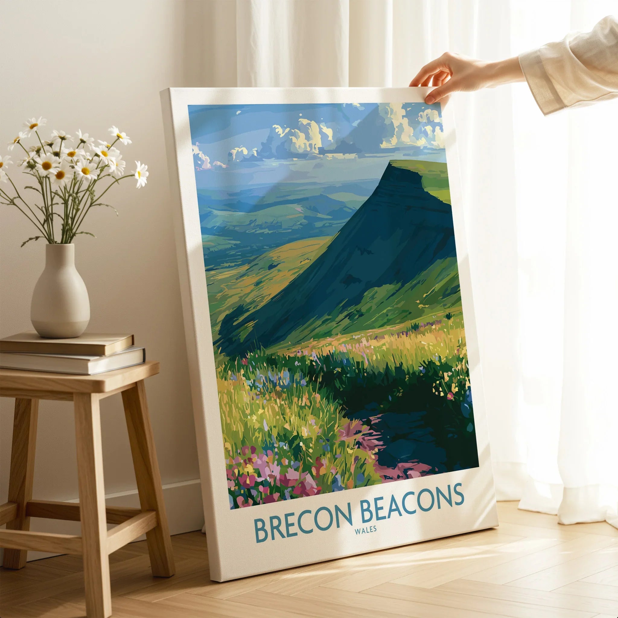 Brecon Beacons Wales Wildflowers Wall Art — canvas print mirror edge hand holding room setting