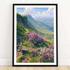 Brecon Beacons Wales Heather Travel Poster — art print in black frame on wooden floor