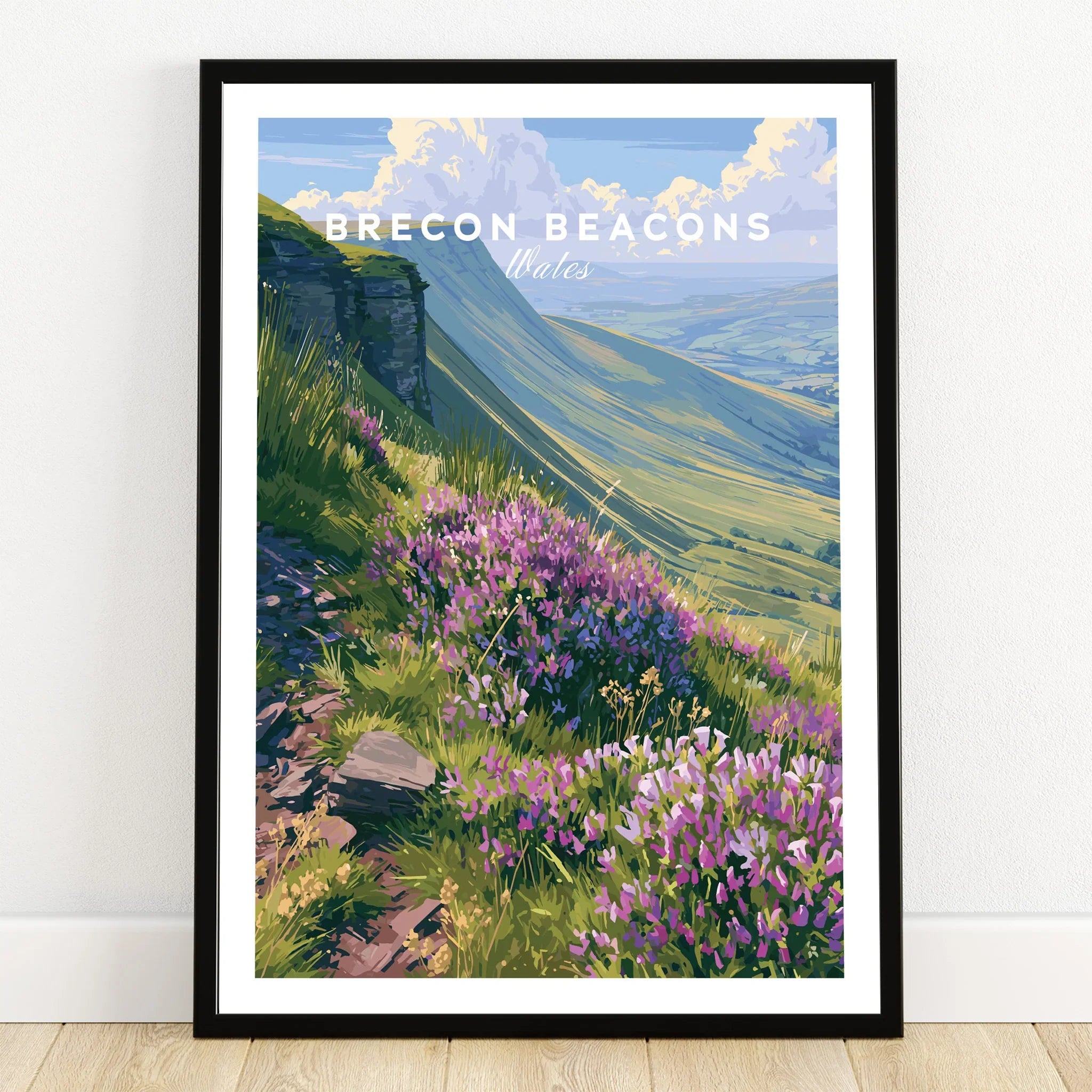 Brecon Beacons Wales Heather Travel Poster — art print in black frame on wooden floor