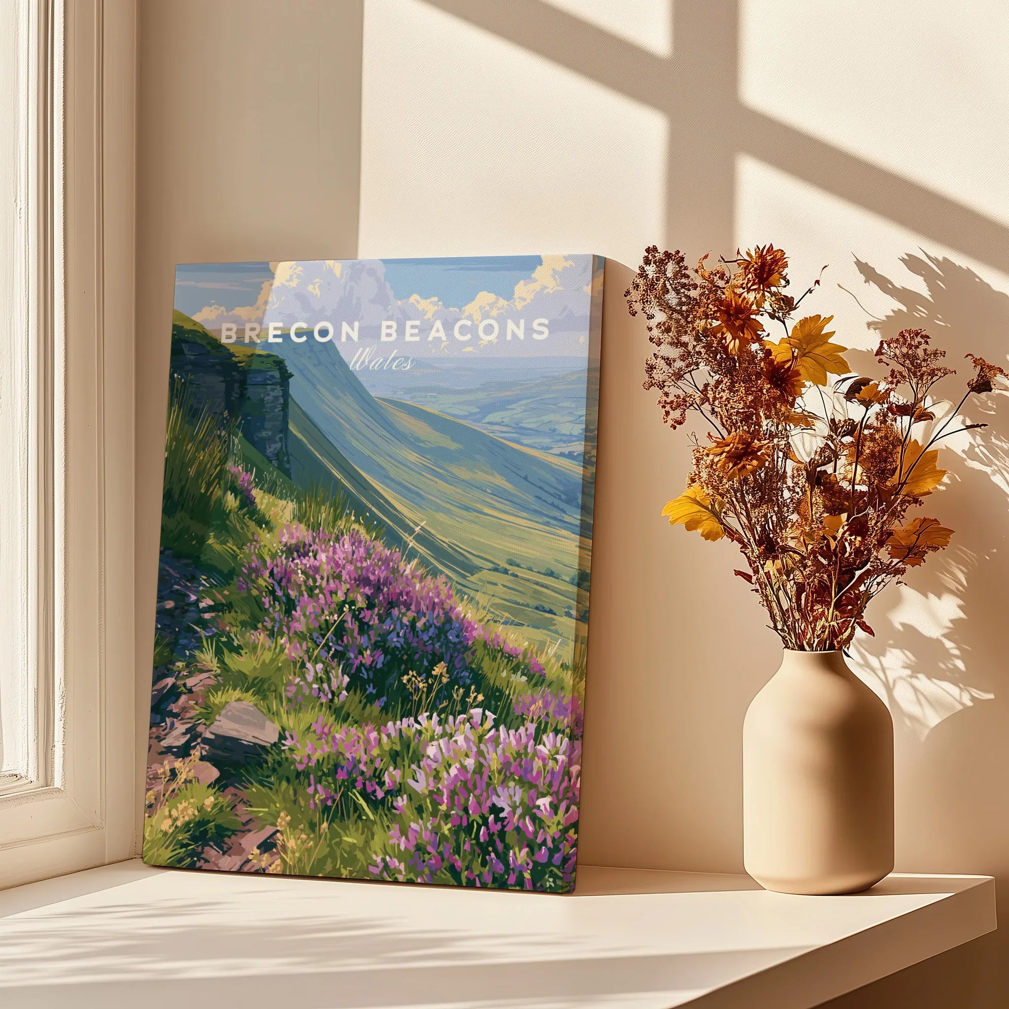 Brecon Beacons Wales Heather Travel Poster — canvas print window setting with shadows flowers