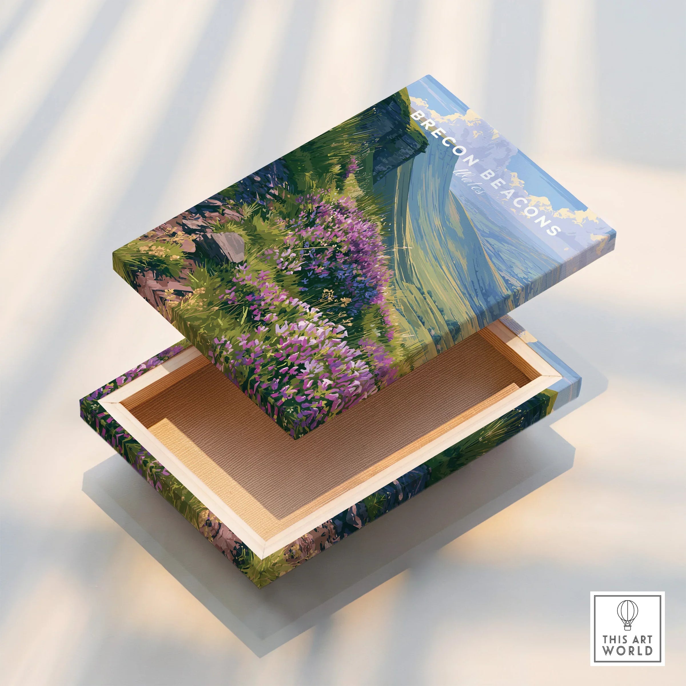Brecon Beacons Wales Heather Travel Poster — stretched canvas print floating detail mirror edge