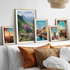 Brecon Beacons Wales Heather Travel Poster — set five framed artprints above bed natural wood frames
