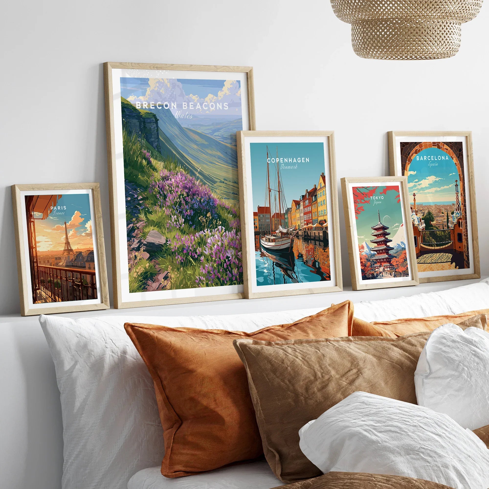 Brecon Beacons Wales Heather Travel Poster — set five framed artprints above bed natural wood frames