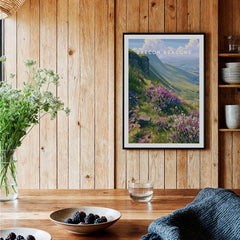 Brecon Beacons Wales Heather Travel Poster — black framed art print kitchen setting