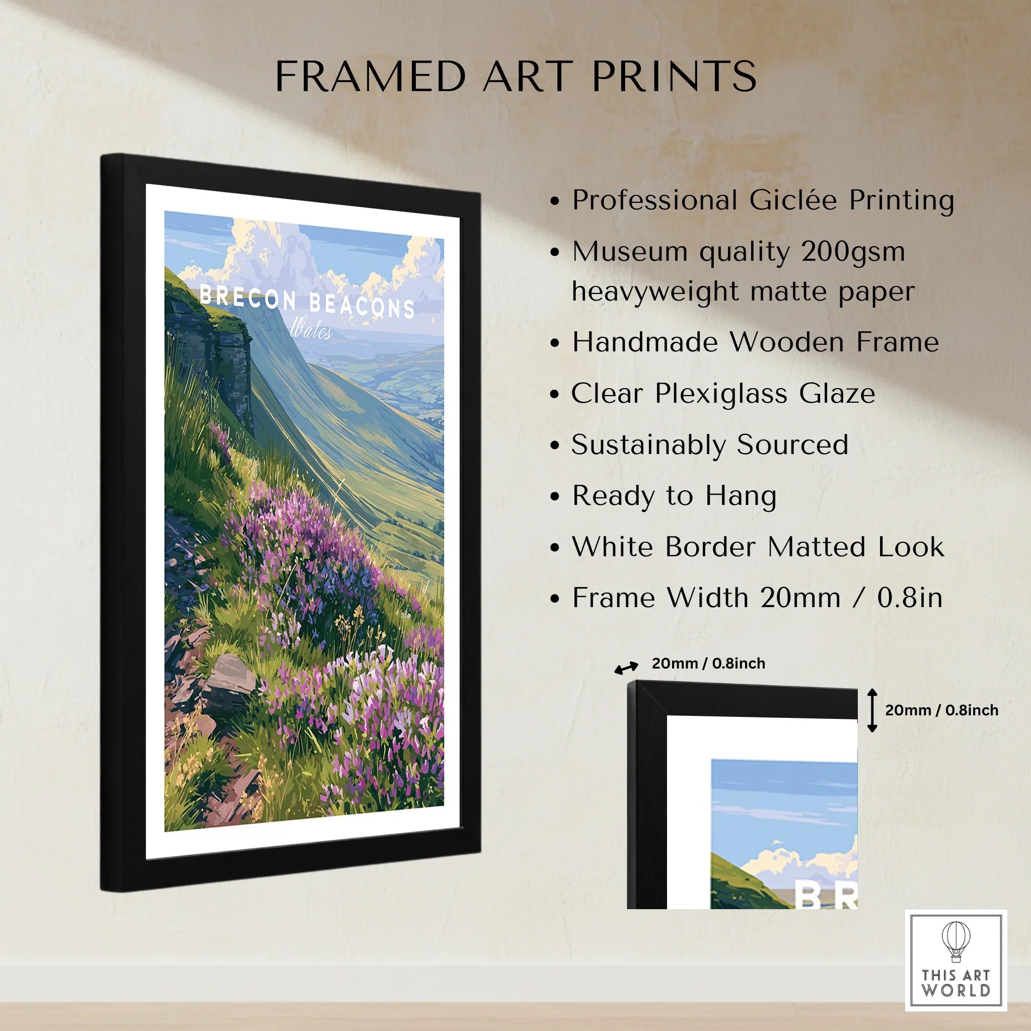 Brecon Beacons Wales Heather Travel Poster — framed print details measurements quality details