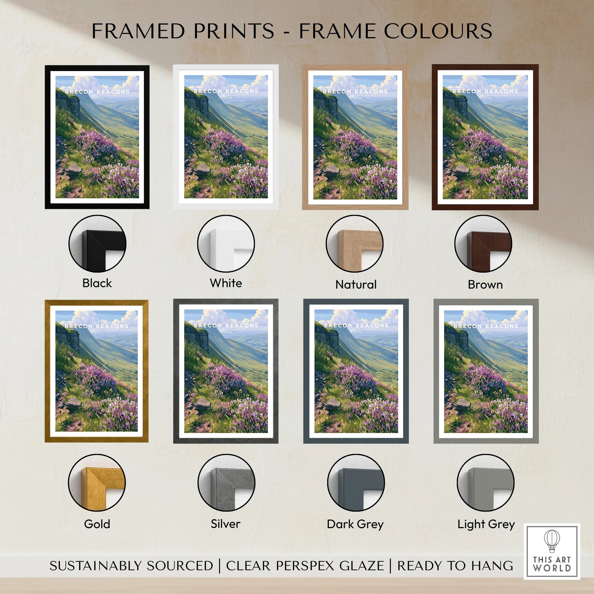 Brecon Beacons Wales Heather Travel Poster — framed print colour options