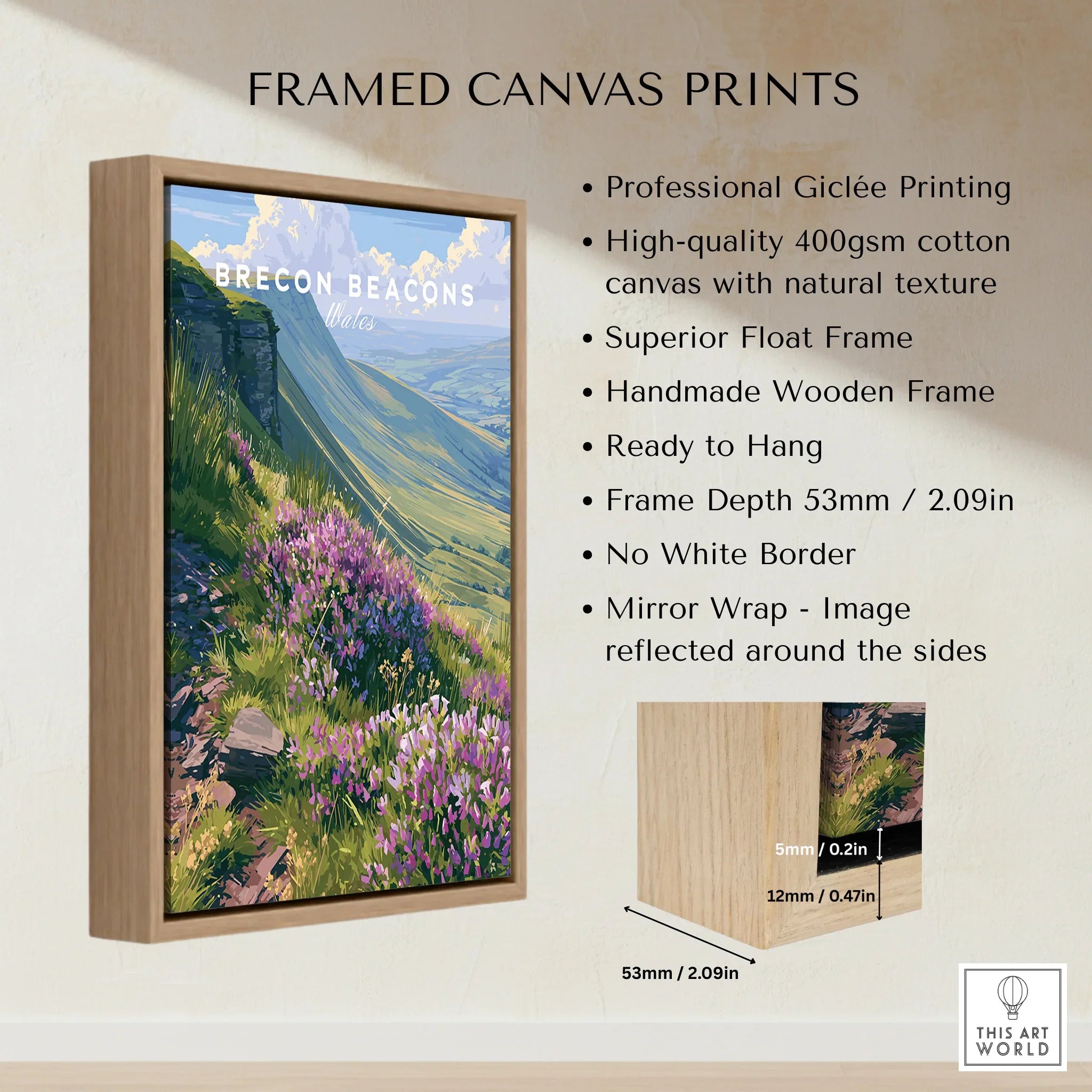 Brecon Beacons Wales Heather Travel Poster — framed canvas float frame details quality