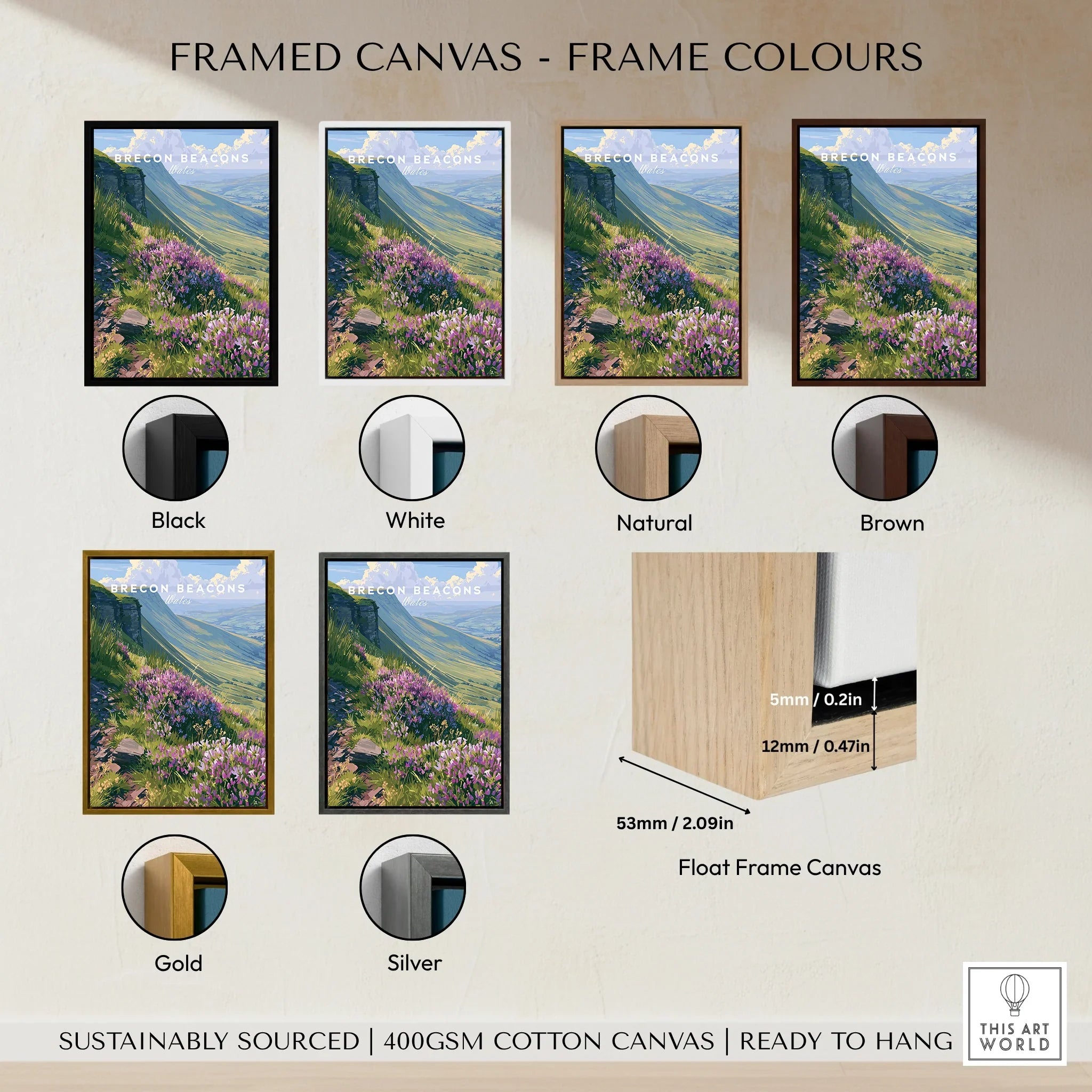 Brecon Beacons Wales Heather Travel Poster — framed canvas float frame colour options