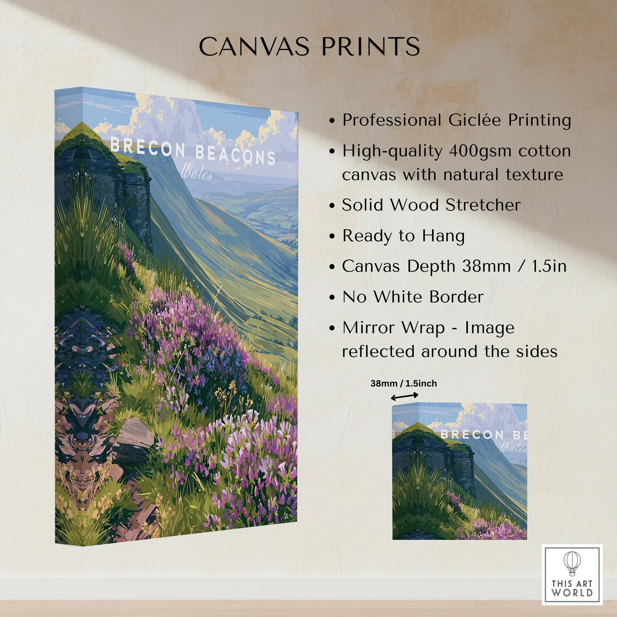 Brecon Beacons Wales Heather Travel Poster — canvas print stretched cotton canvas details