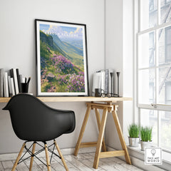 Brecon Beacons Wales Heather Travel Poster — framed poster black frame on office desk modern
