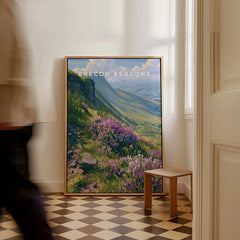 Brecon Beacons Wales Heather Travel Poster — framed canvas on floor man walking past