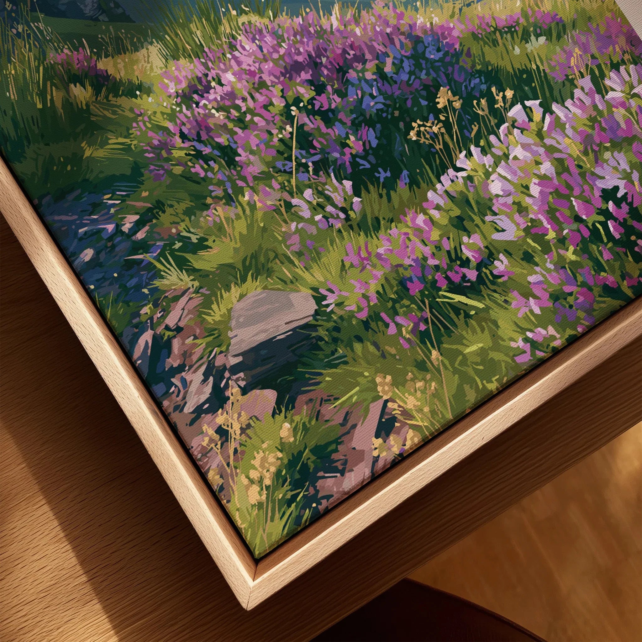 Brecon Beacons Wales Heather Travel Poster — closeup framed canvas natural wood floating frame