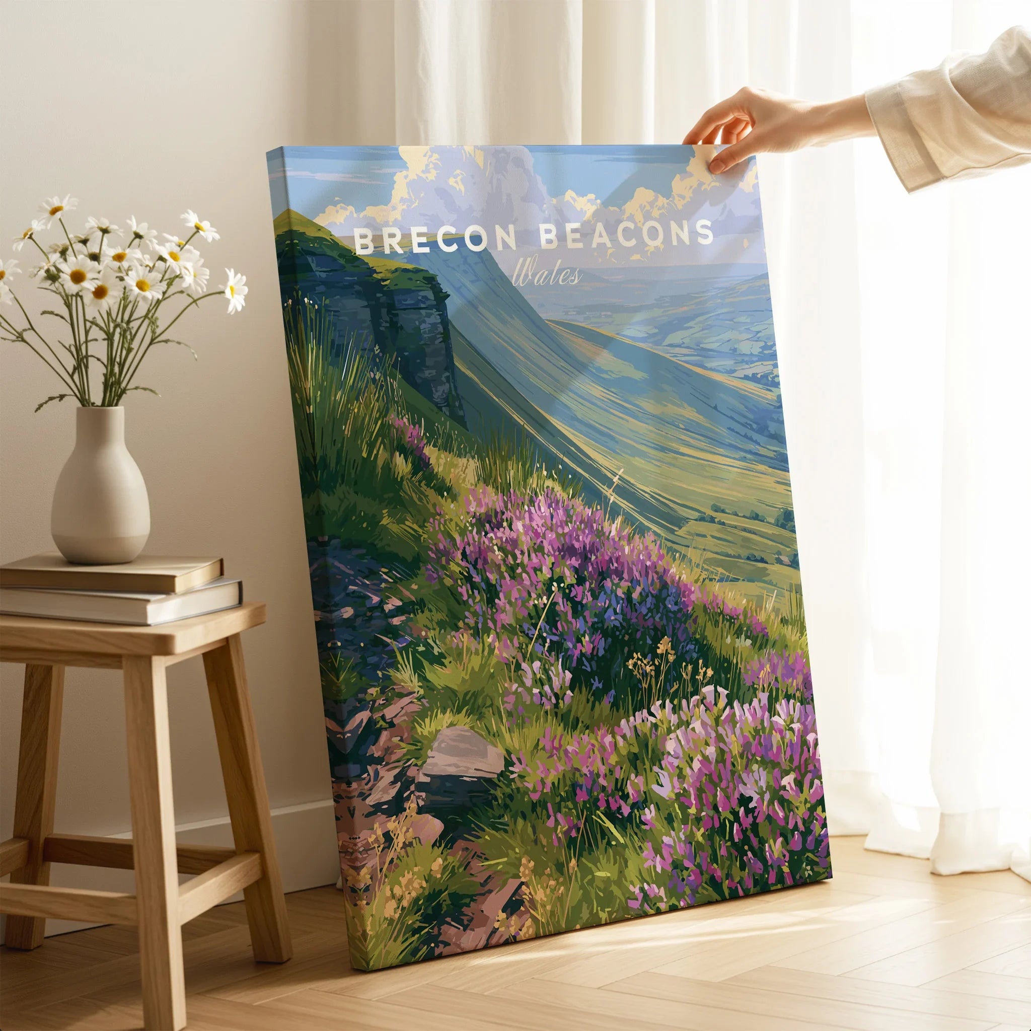 Brecon Beacons Wales Heather Travel Poster — canvas print mirror edge hand holding room setting
