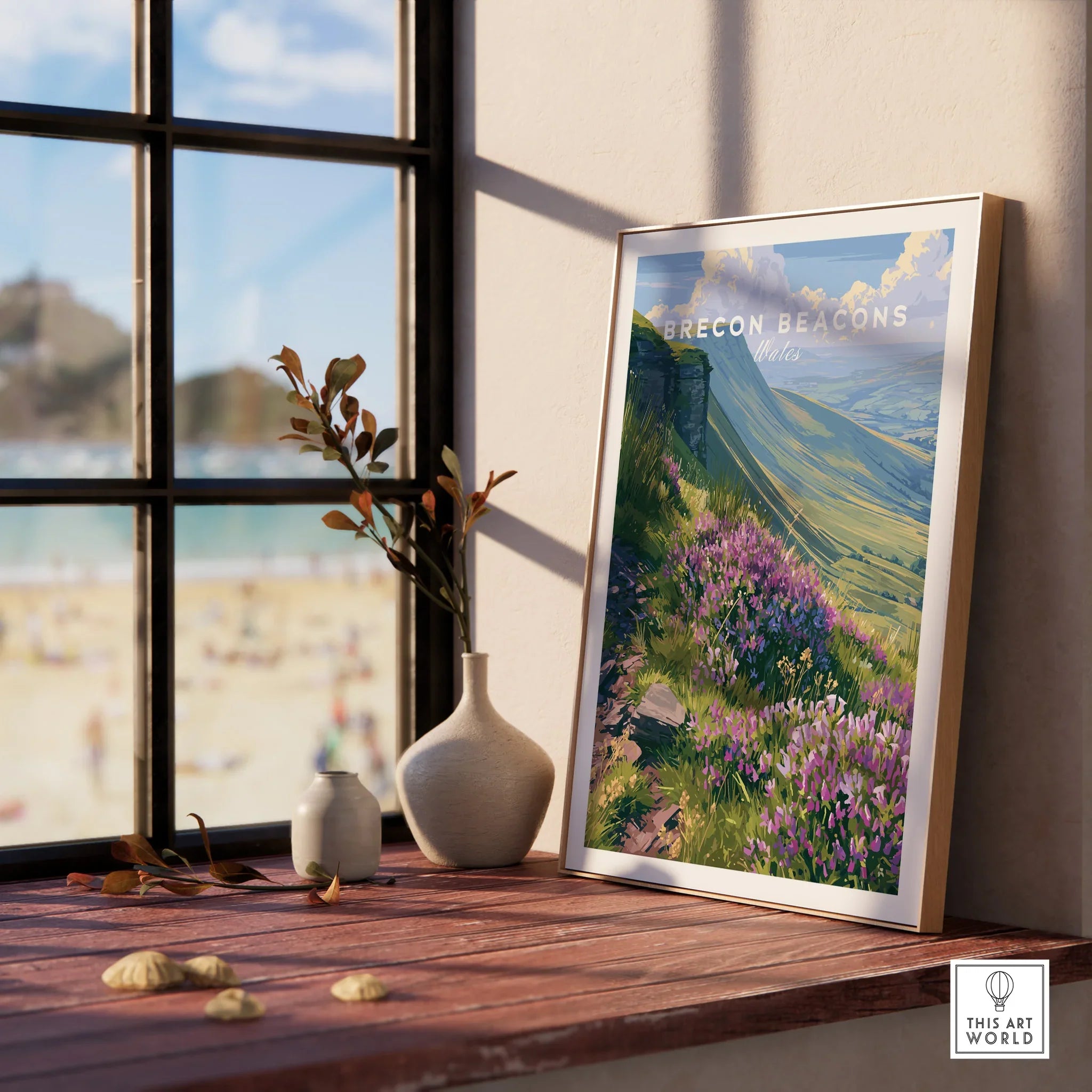 Brecon Beacons Wales Heather Travel Poster — framed print window view natural wood frame
