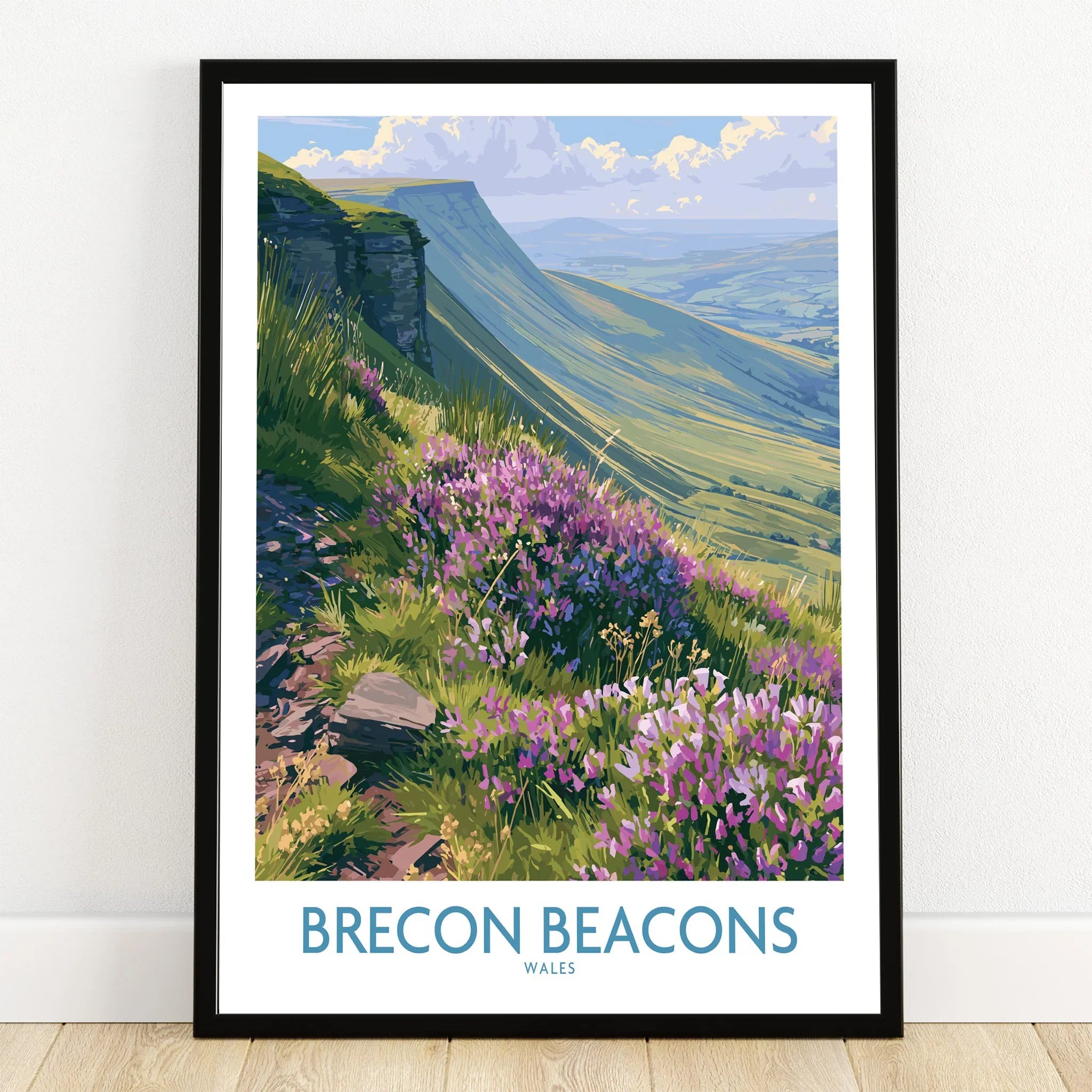 Brecon Beacons Wales Heather Wall Art — art print in black frame on wooden floor