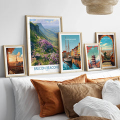 Brecon Beacons Wales Heather Wall Art — set five framed artprints above bed natural wood frames