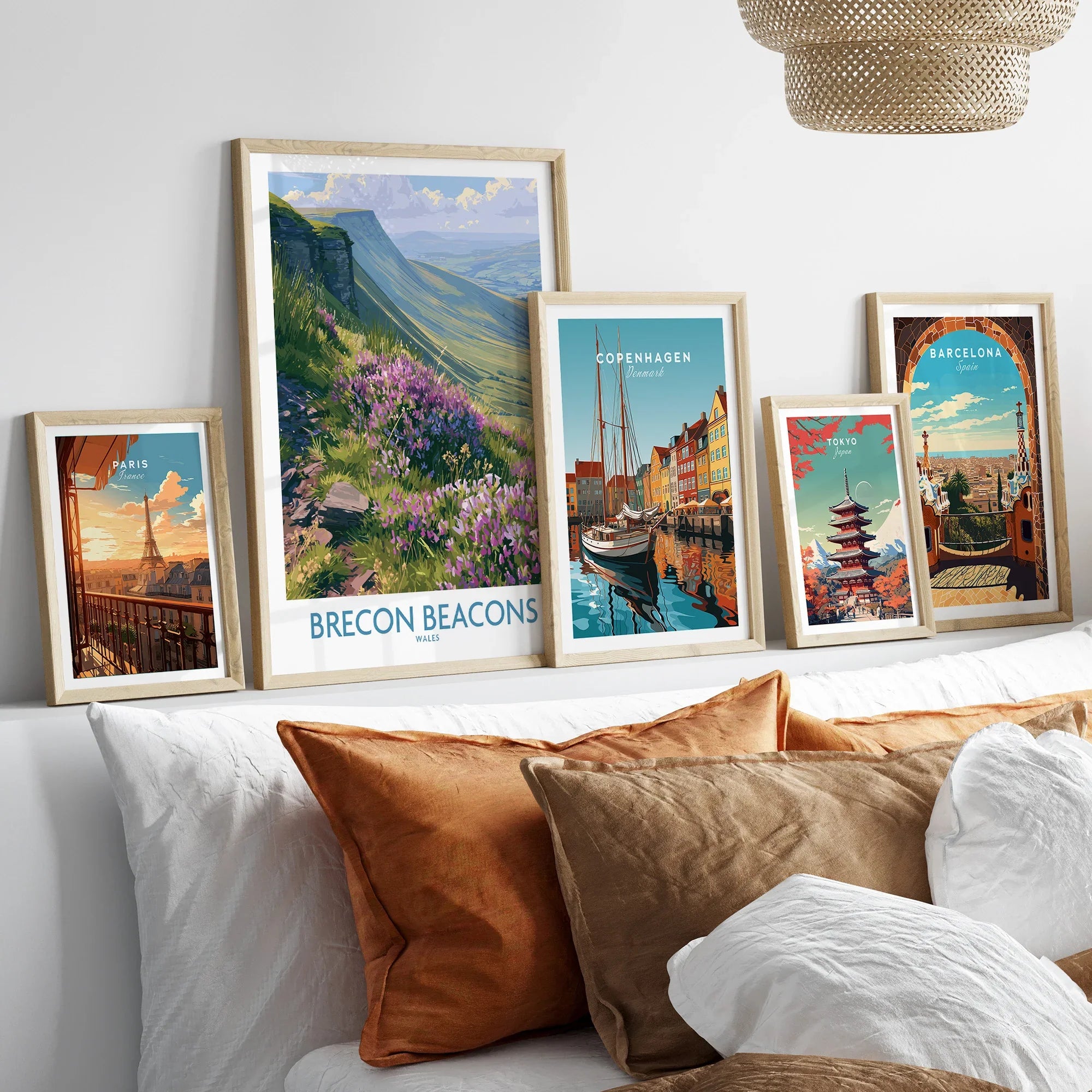 Brecon Beacons Wales Heather Wall Art — set five framed artprints above bed natural wood frames
