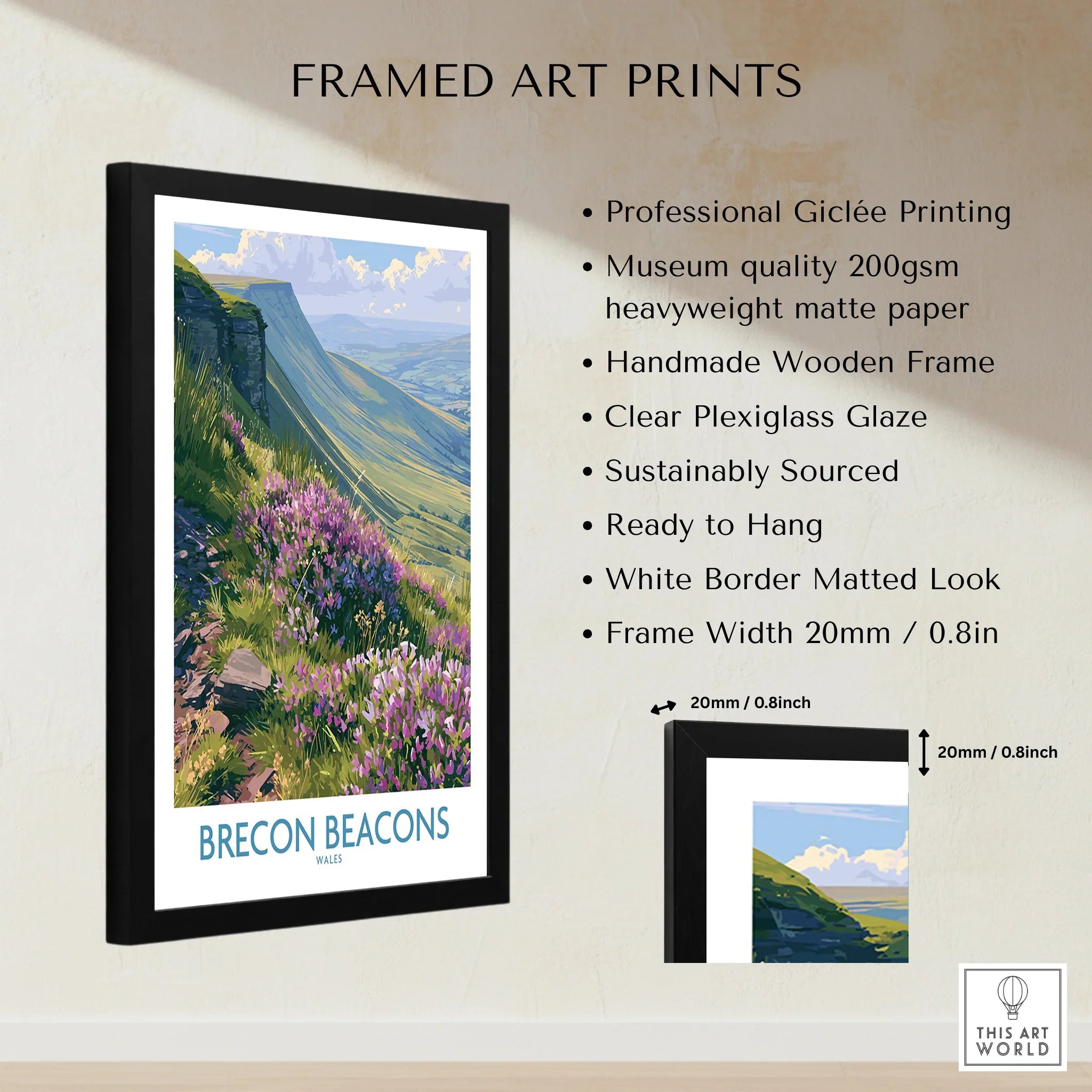 Brecon Beacons Wales Heather Wall Art — framed print details measurements quality details
