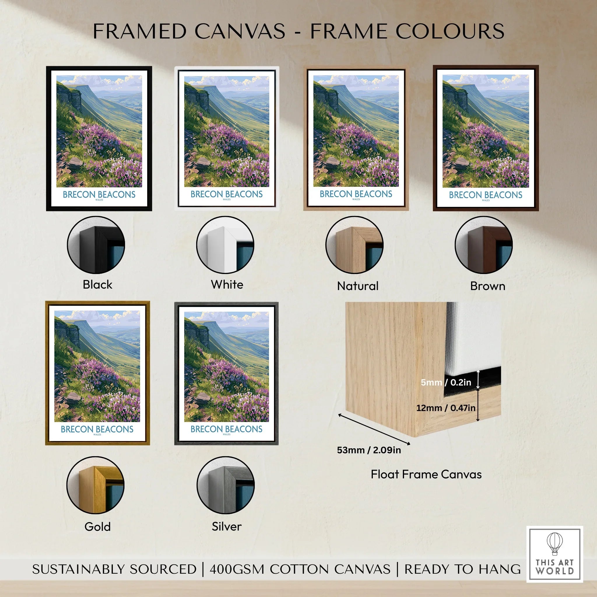 Brecon Beacons Wales Heather Wall Art — framed canvas float frame colour options